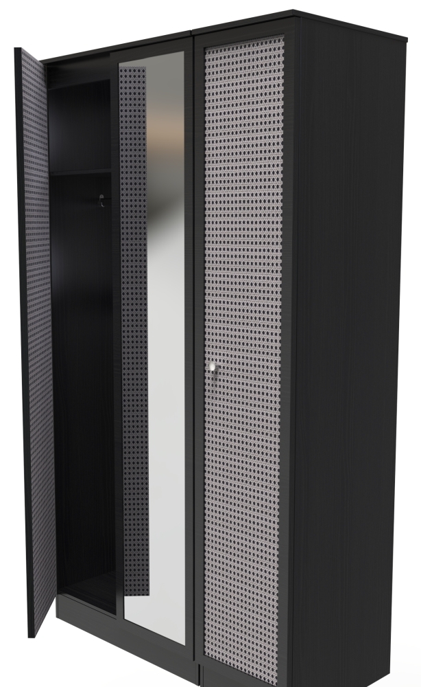 Rattan and Black Ash Wardrobe - 3 Door - 1 Mirror - Triple