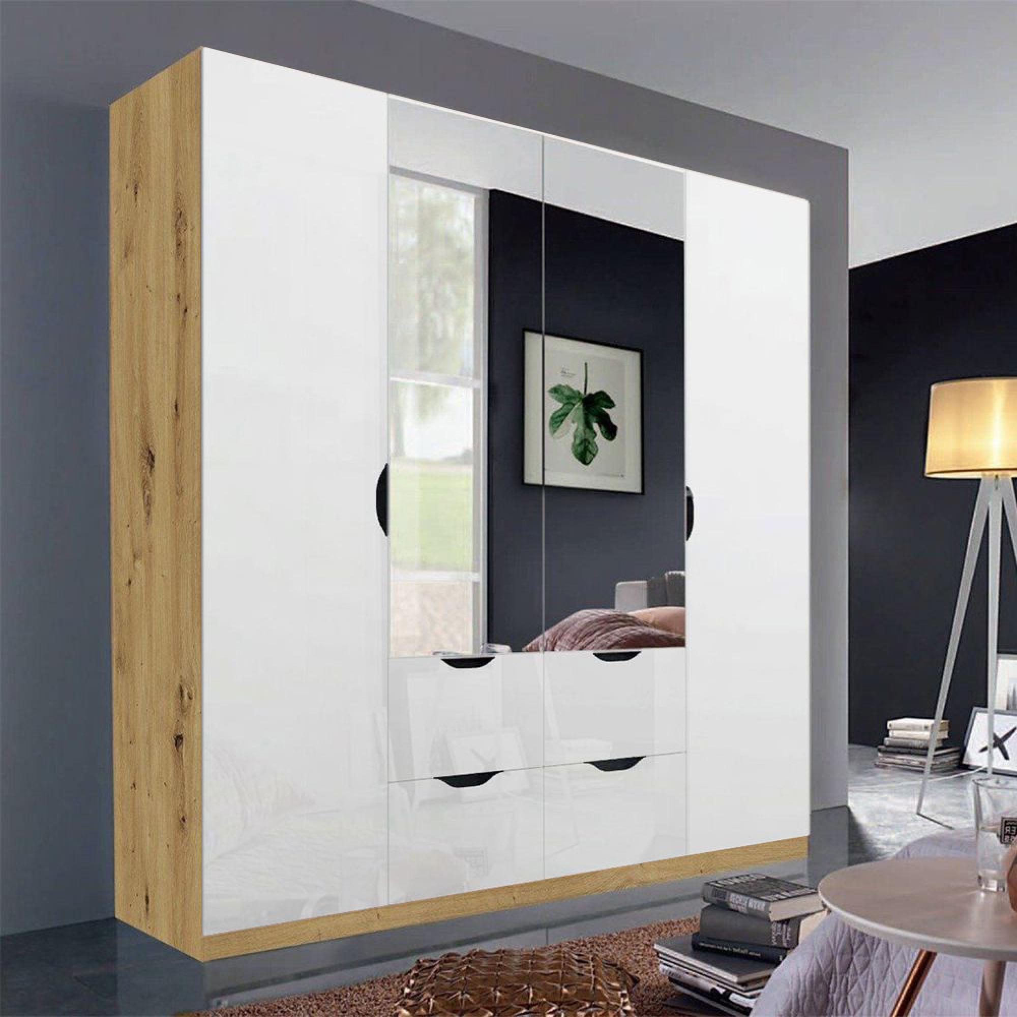 Rauch Arnstein 181cm 4 Door Combi Wardrobe - Artisan Oak and White High Gloss