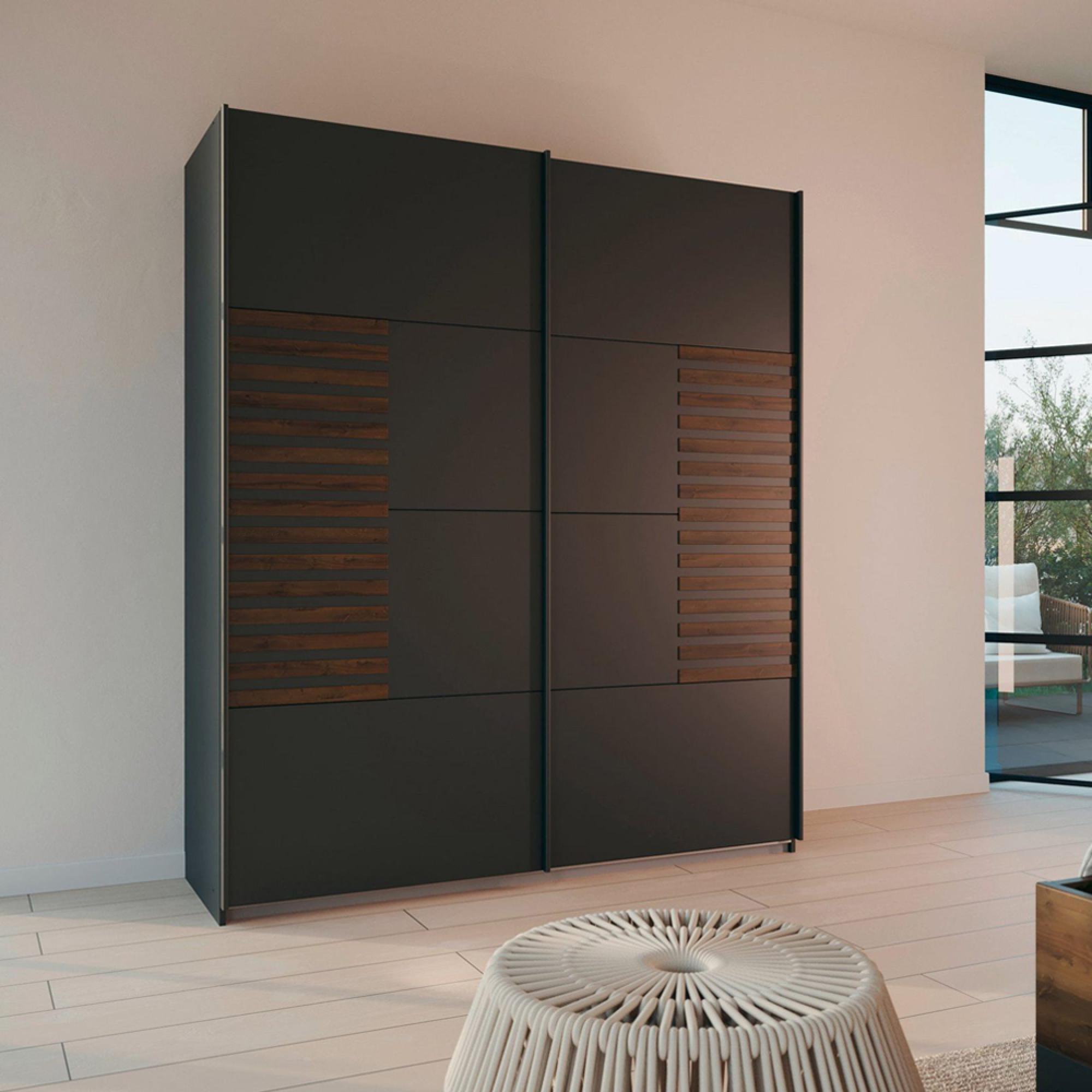 Rauch Barea 181cm 2 Door Sliding Wardrobe - Metallic Grey and Atlantic Dark Oak