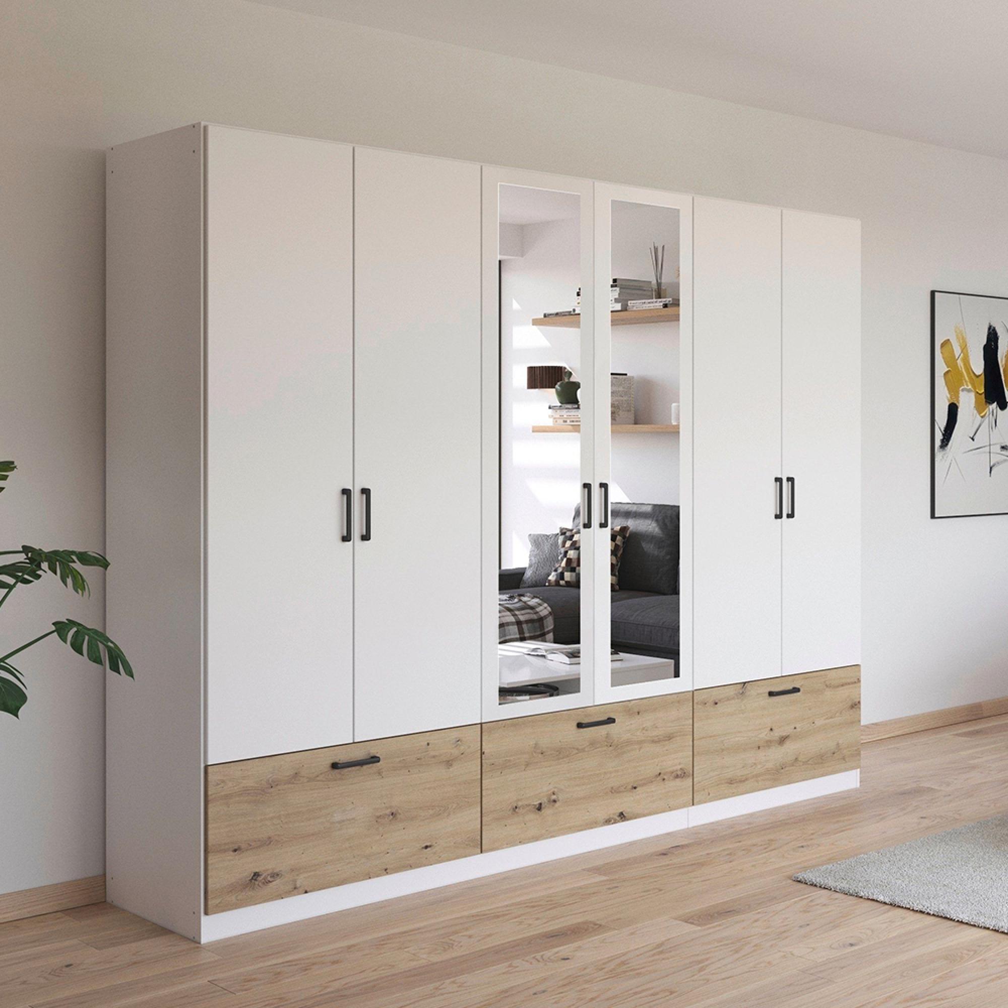 Rauch Bari 271cm 6 Door Combi Wardrobe with Drawers - Alpine White and Artisan Oak