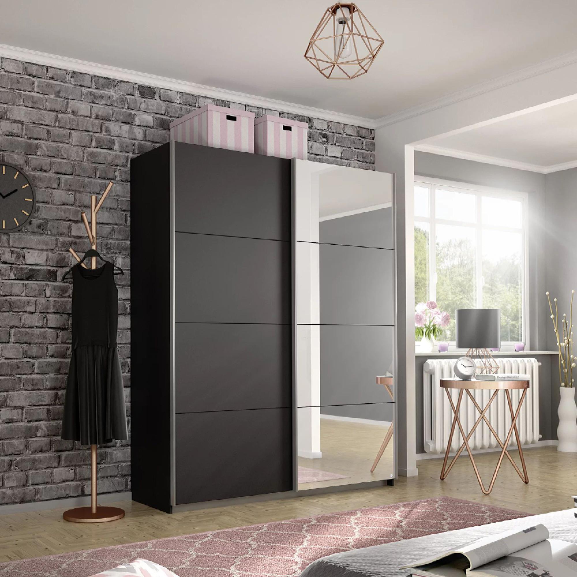 Rauch Belluno 136cm 2 Door Sliding Wardrobe with Mirror - Metallic Dark Grey