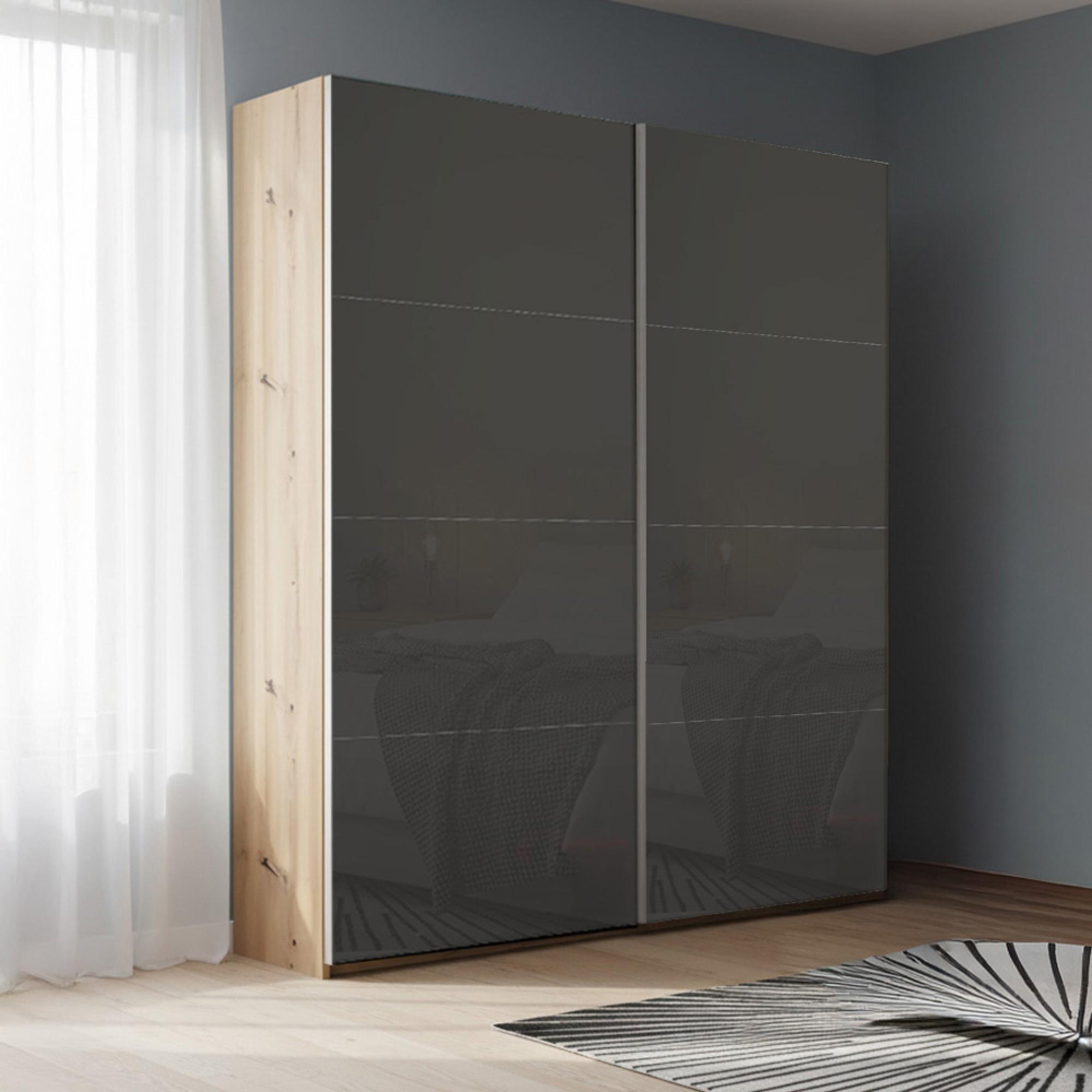 Rauch Beluga Extra 137cm 2 Door Sliding Wardrobe - Artisan Oak and Basalt Glass
