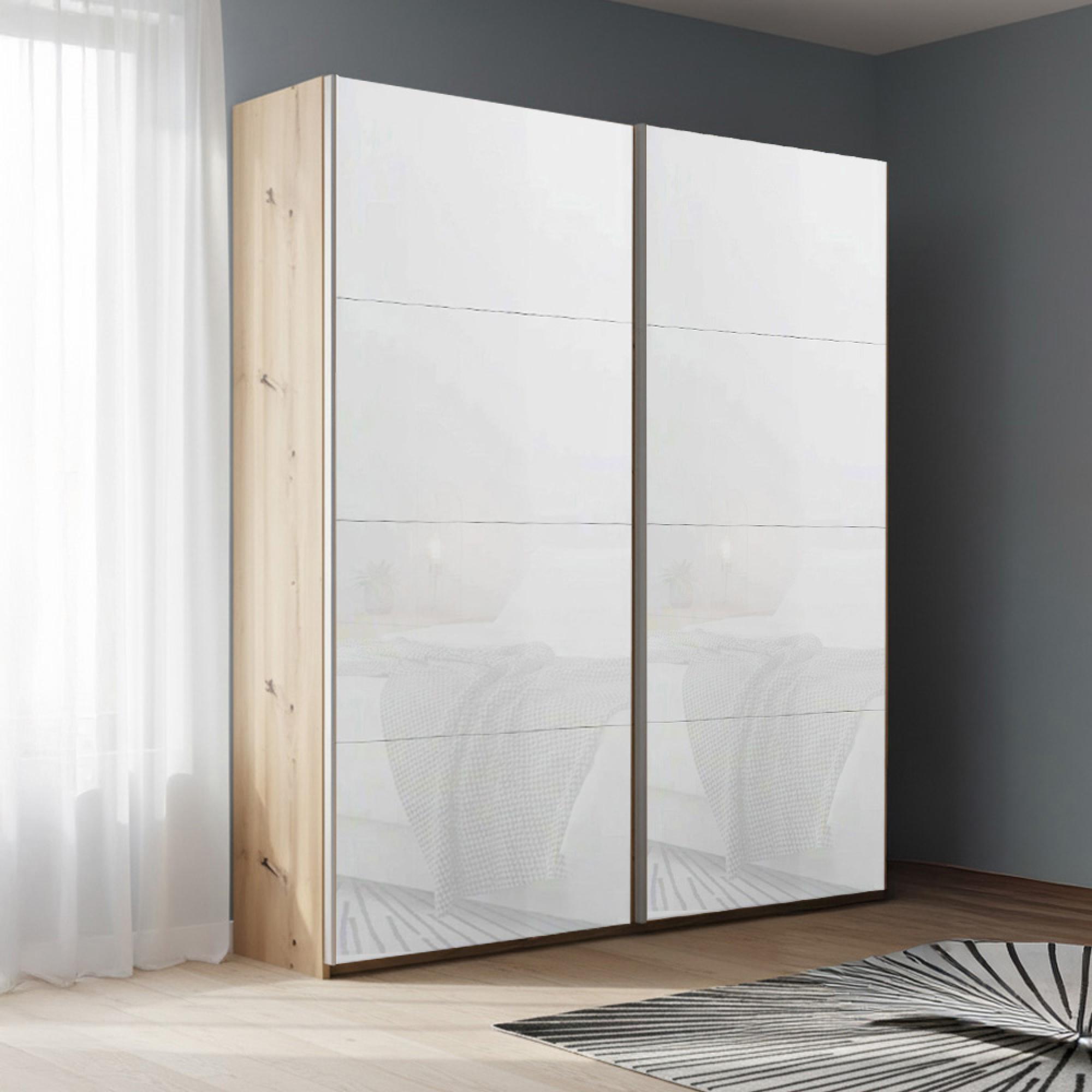 Rauch Beluga Extra 137cm 2 Door Sliding Wardrobe - Artisan Oak and White Glass
