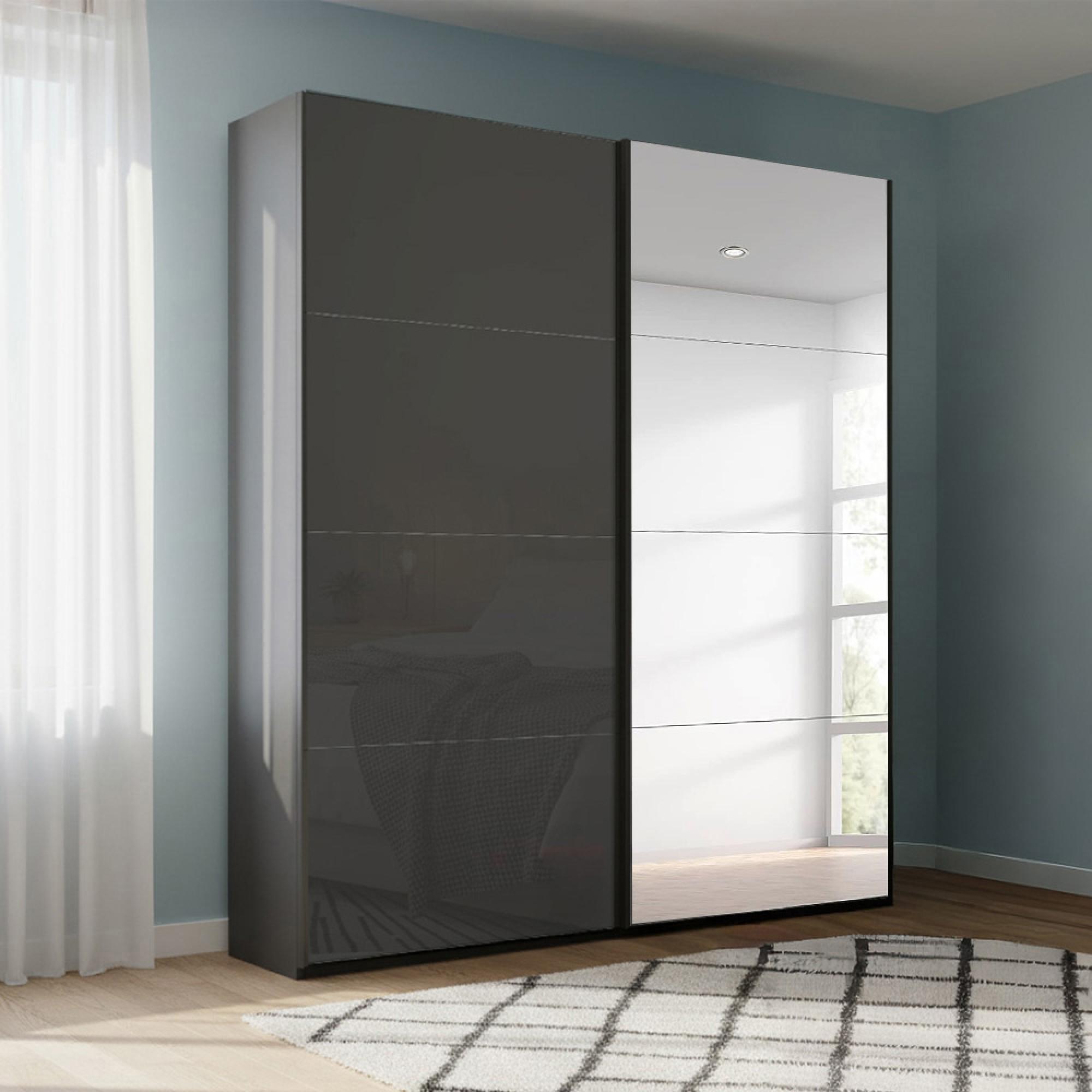 Rauch Beluga Extra 137cm 2 Door Sliding Wardrobe with Mirror - Graphite and Basalt Glass