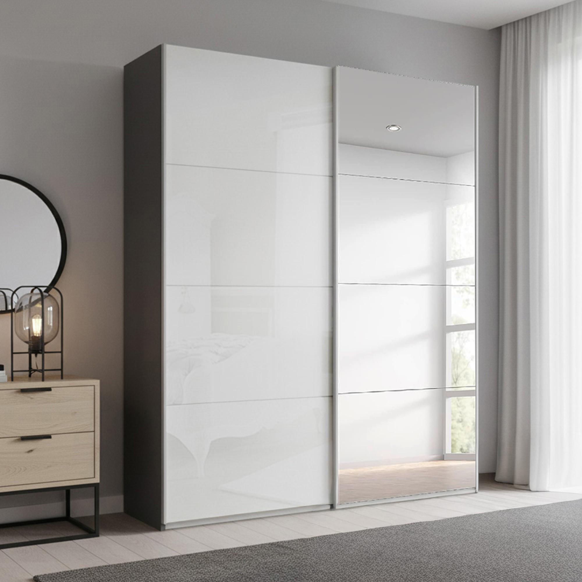 Rauch Beluga Extra 137cm 2 Door Sliding Wardrobe with Mirror - Graphite and White High Gloss