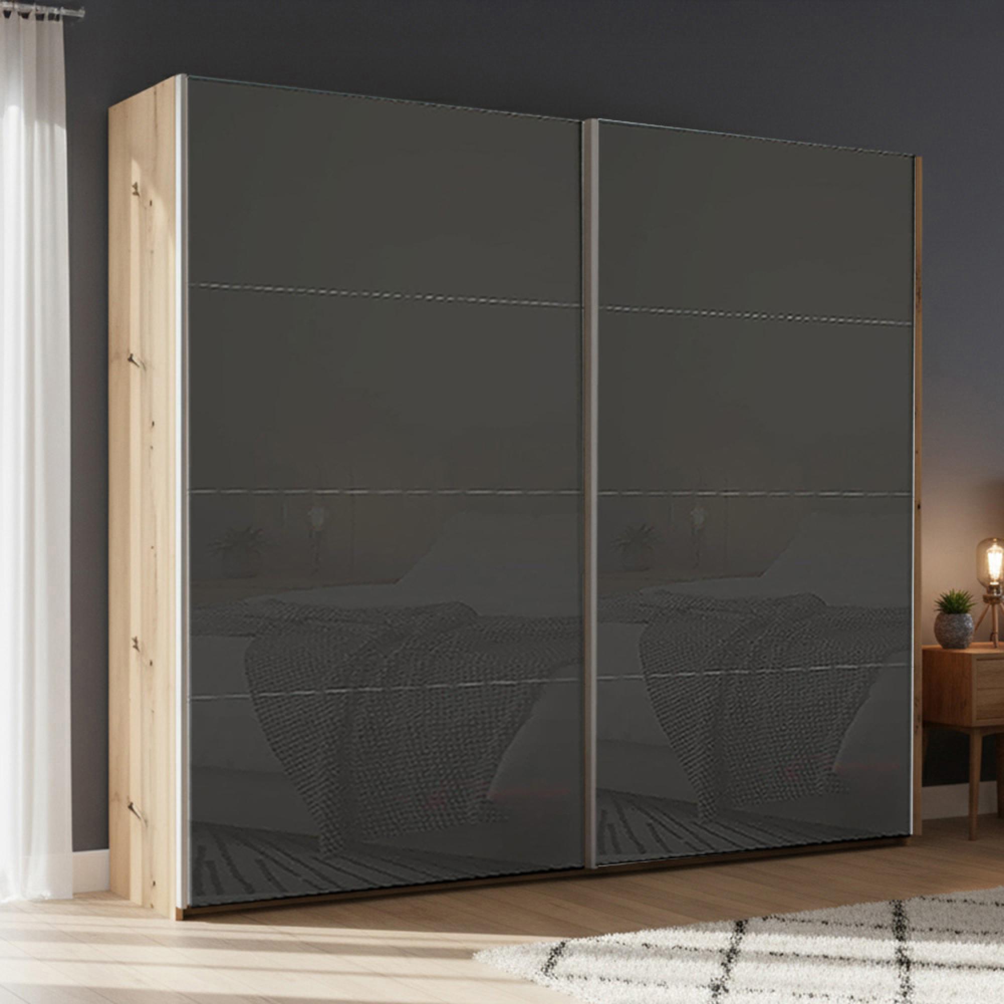 Rauch Beluga Extra 226cm 2 Door Sliding Wardrobe - Artisan Oak and Basalt Glass