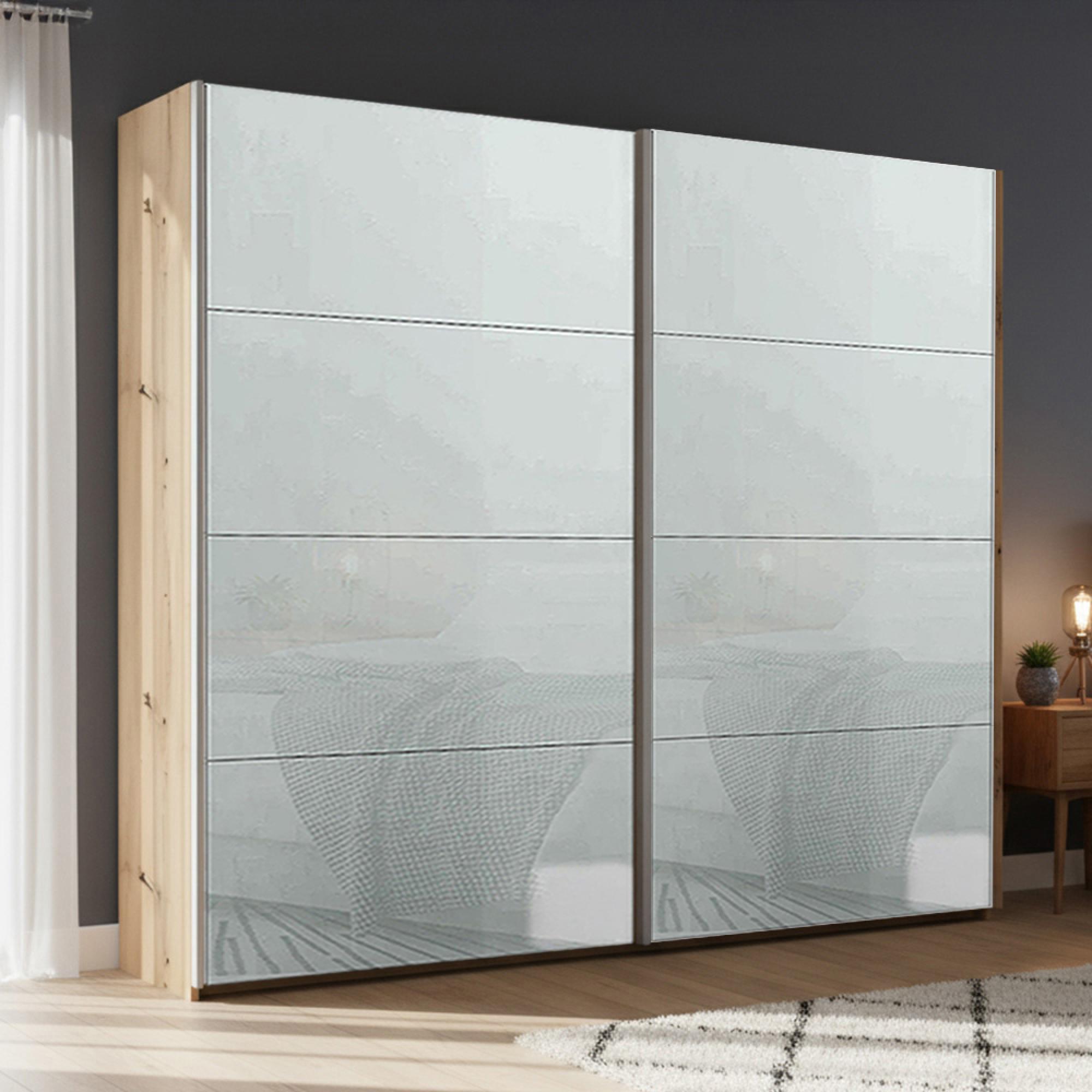 Rauch Beluga Extra 226cm 2 Door Sliding Wardrobe - Artisan Oak and Silk Grey Glass