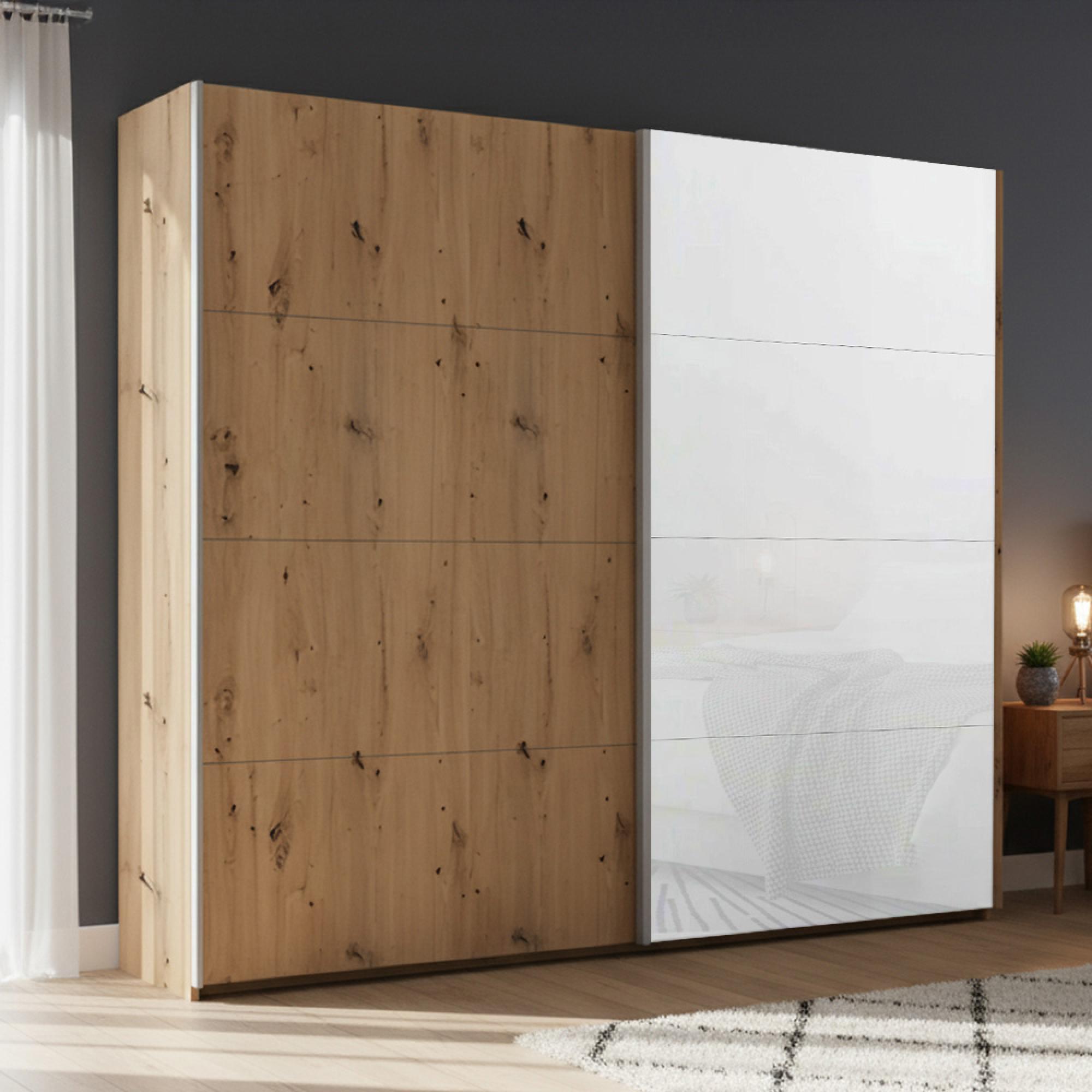 Rauch Beluga Extra 226cm 2 Door Sliding Wardrobe - Artisan Oak and White Glass Front