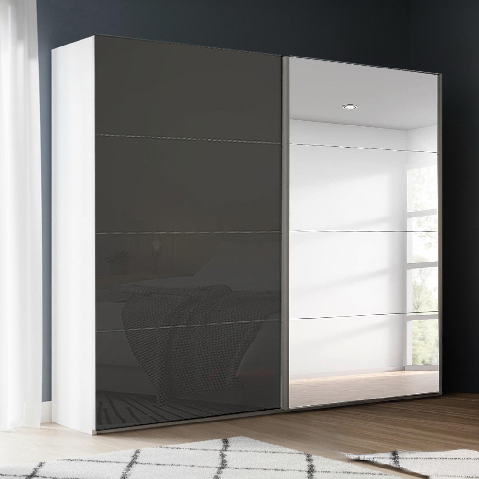 Rauch Beluga Extra 226cm 2 Door Sliding Wardrobe with Mirror - Alpine White and Basalt Glass