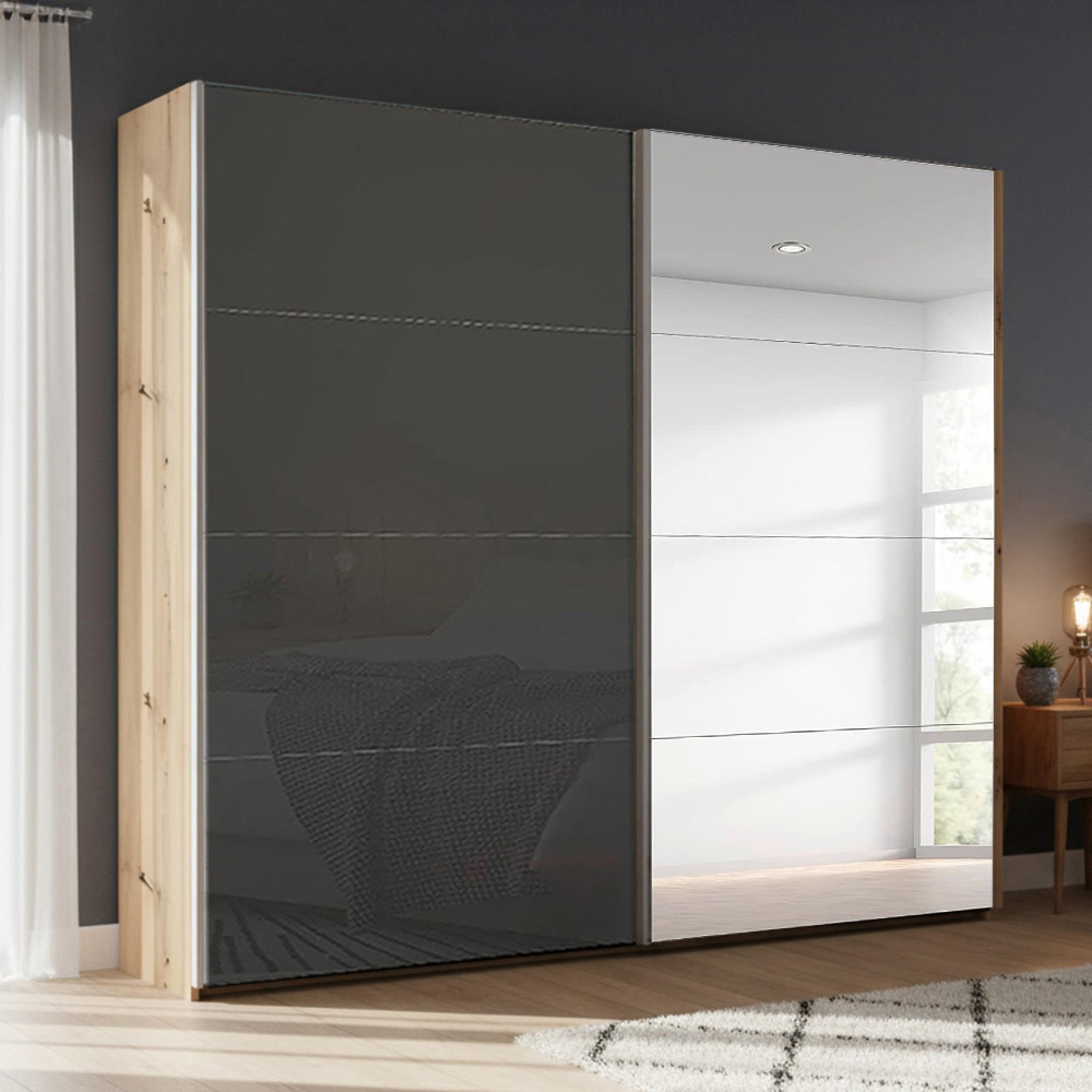 Rauch Beluga Extra 226cm 2 Door Sliding Wardrobe with Mirror - Artisan Oak and Basalt Glass