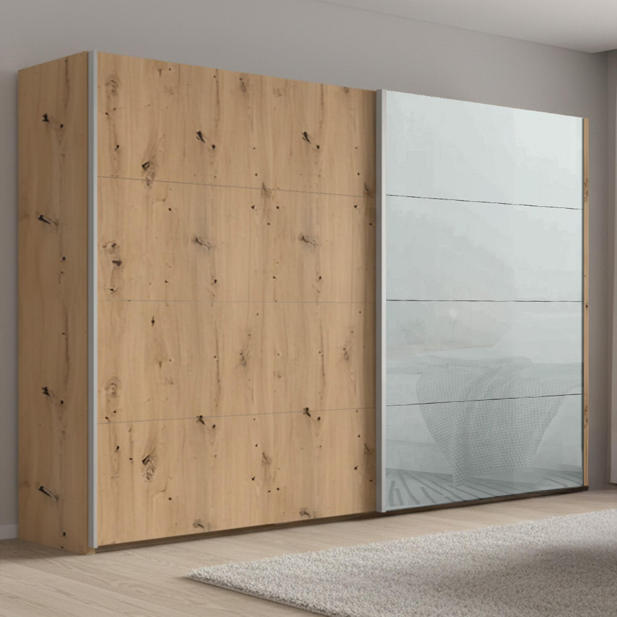 Rauch Beluga Extra 271cm 2 Door Sliding Wardrobe - Artisan Oak and Silk Grey Glass Front