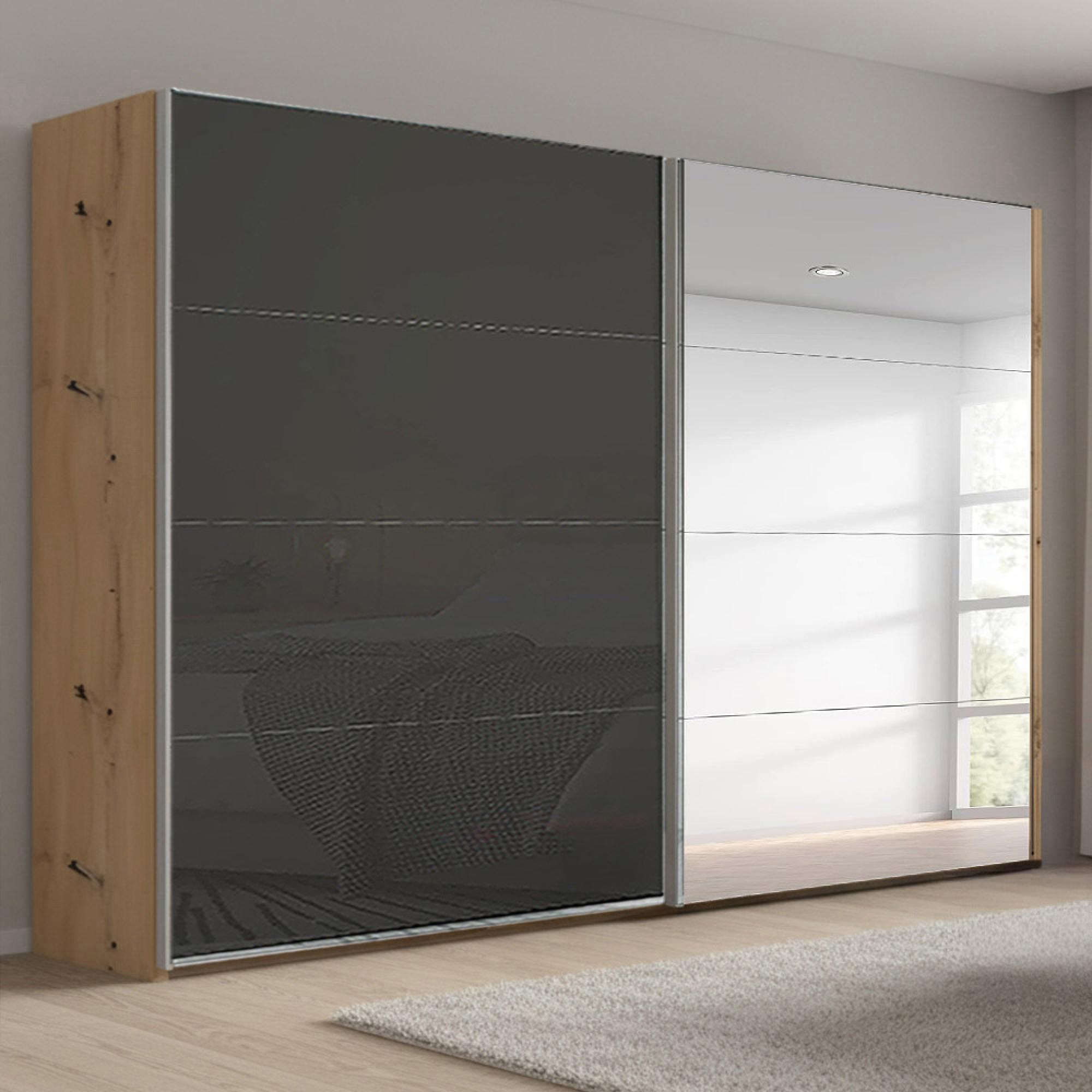 Rauch Beluga Extra 271cm 2 Door Sliding Wardrobe with Mirror - Artisan Oak and Basalt Glass