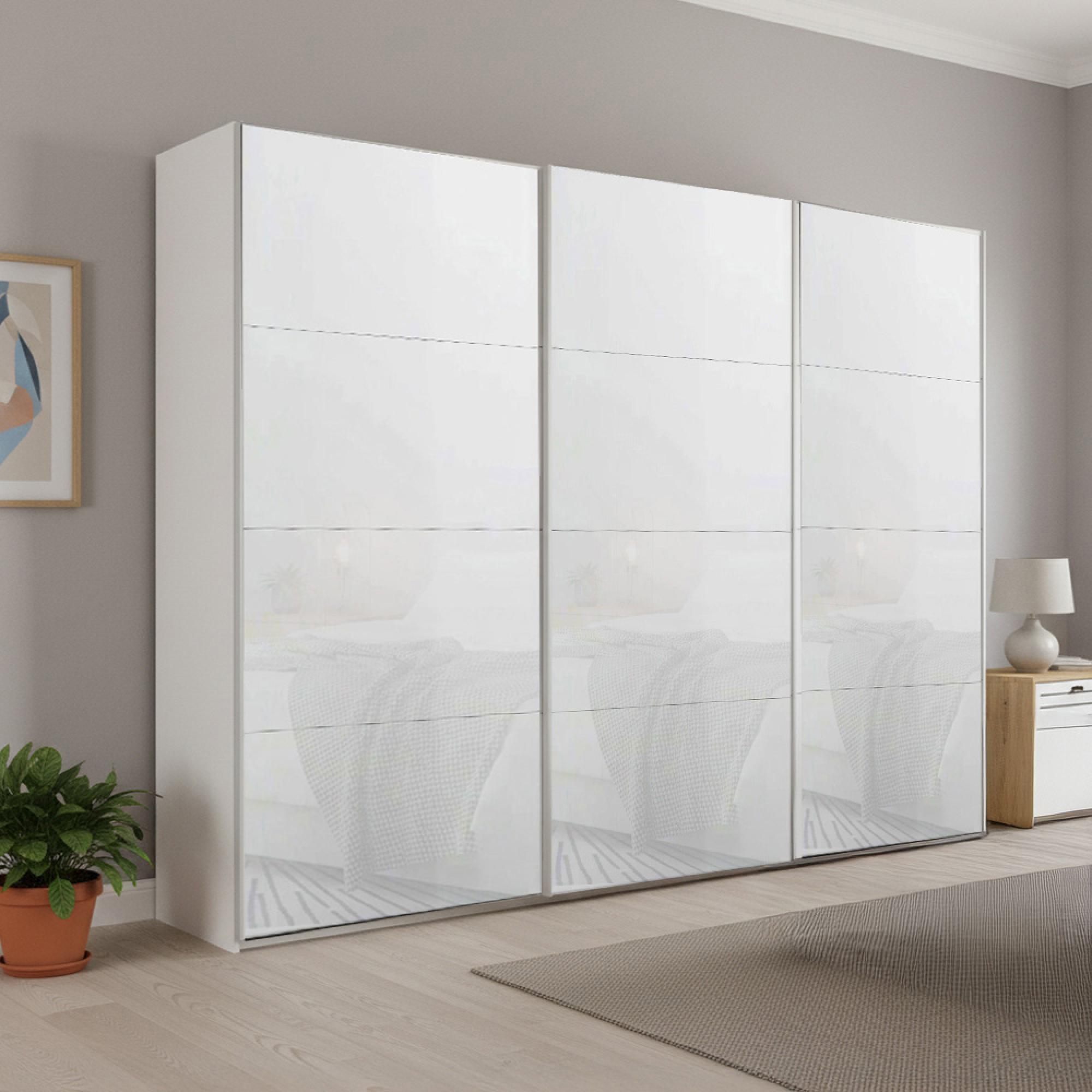 Rauch Beluga Extra 271cm 3 Door Sliding Wardrobe - Alpine White and White Glass