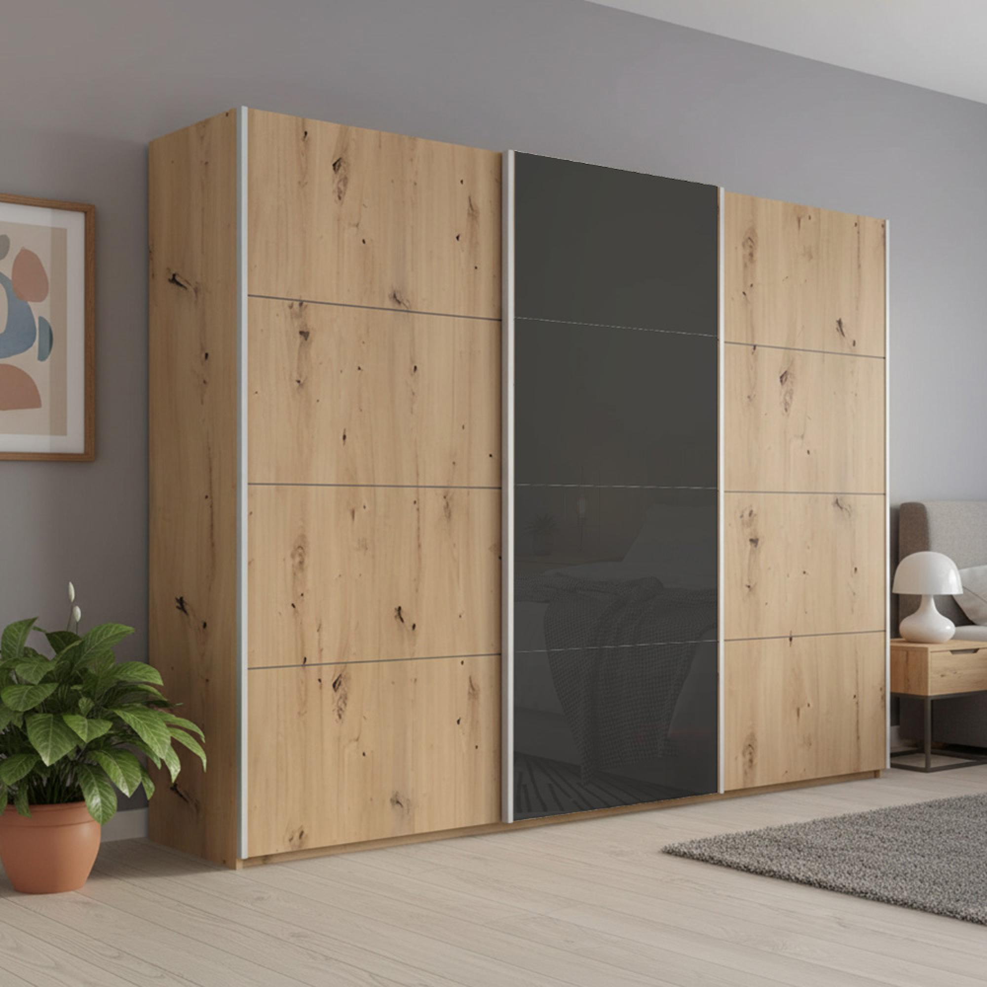 Rauch Beluga Extra 271cm 3 Door Sliding Wardrobe - Artisan Oak and Basalt Glass Front