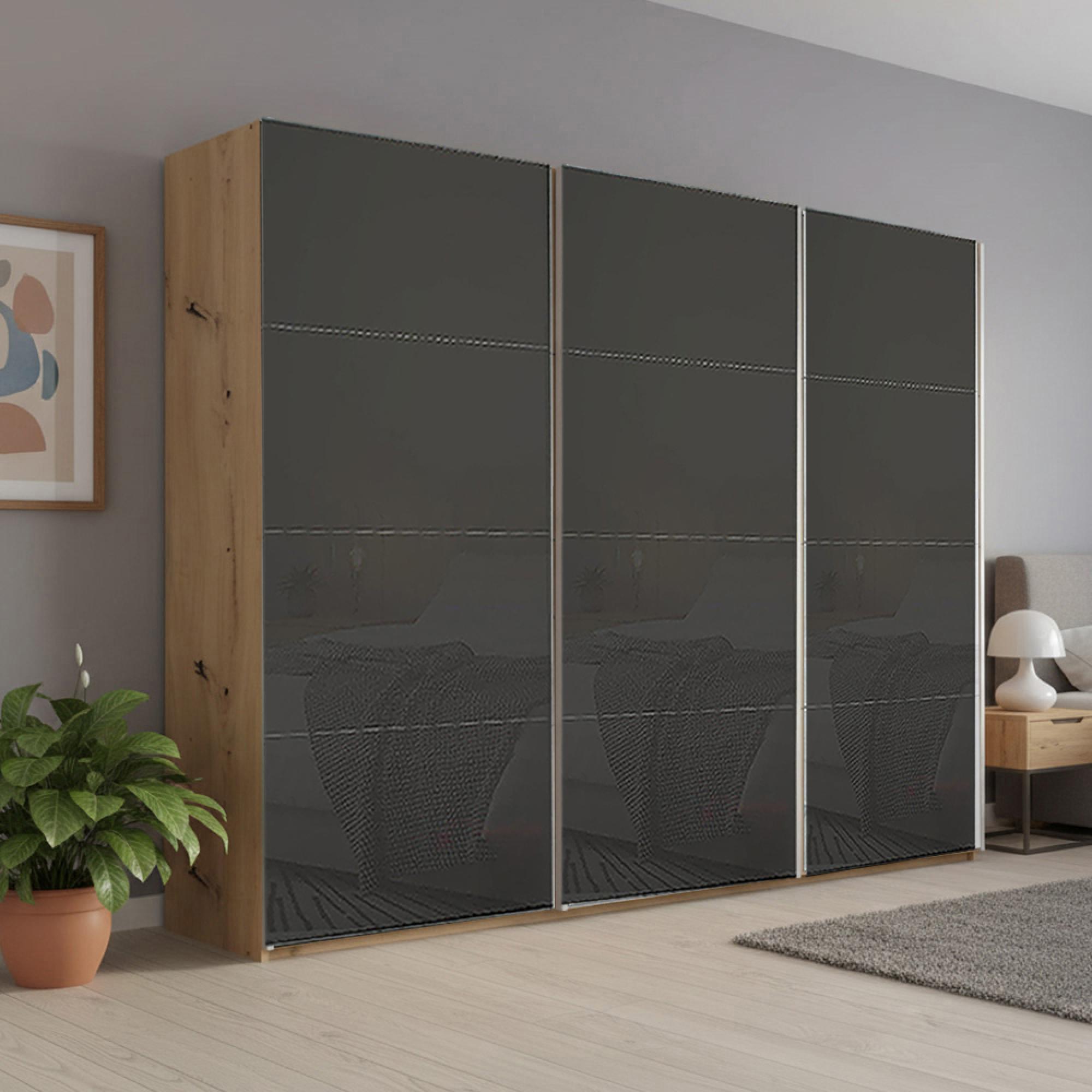 Rauch Beluga Extra 271cm 3 Door Sliding Wardrobe - Artisan Oak and Basalt Glass