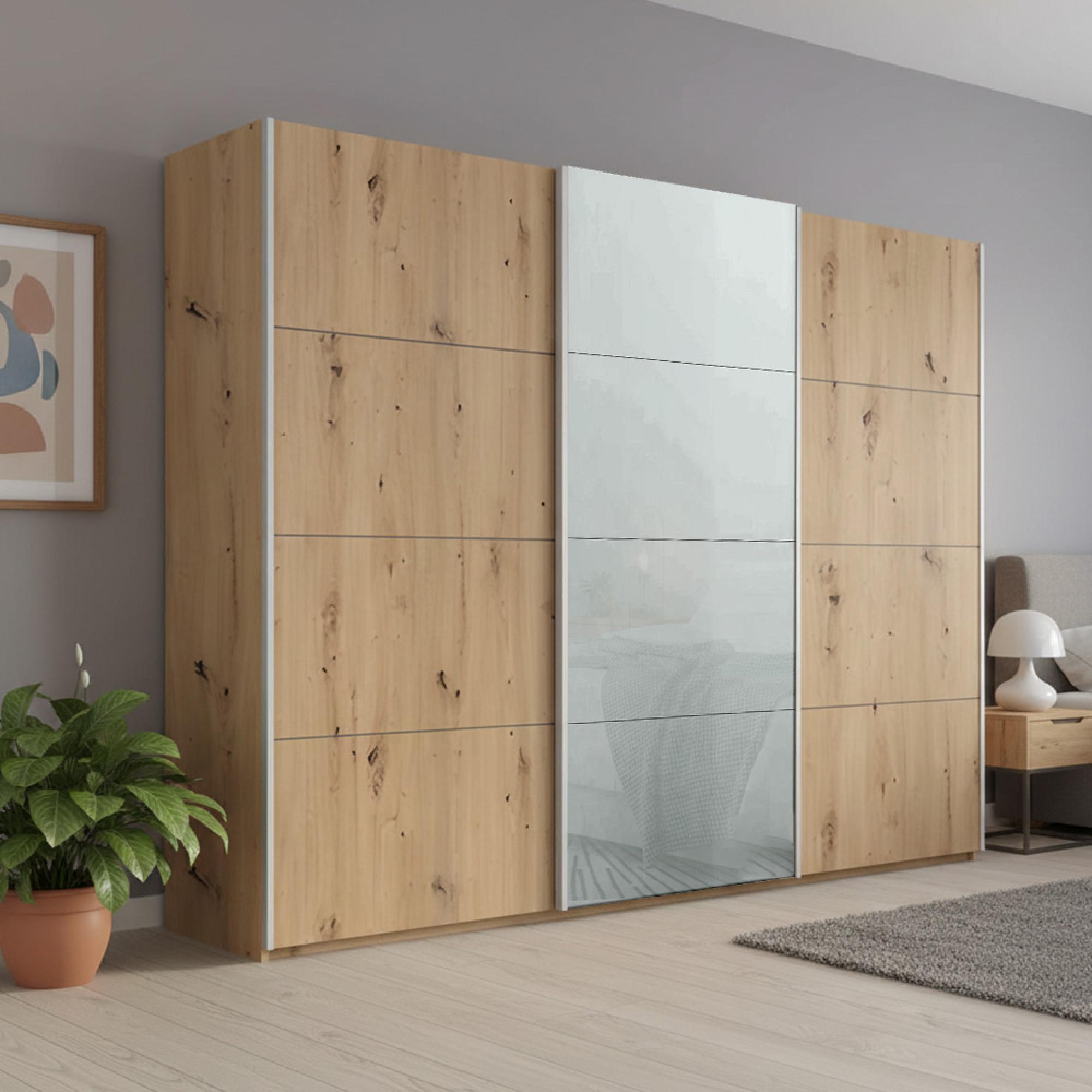 Rauch Beluga Extra 271cm 3 Door Sliding Wardrobe - Artisan Oak and Silk Grey Glass Front