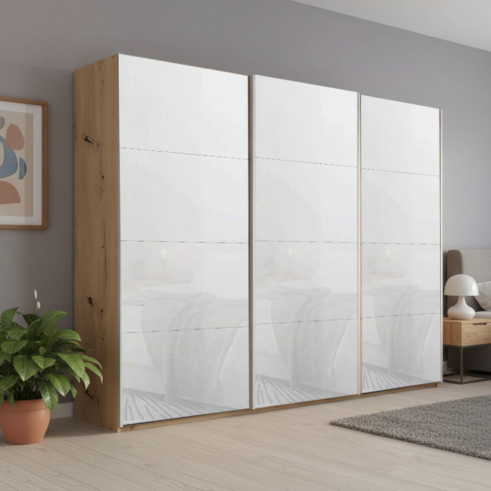 Rauch Beluga Extra 271cm 3 Door Sliding Wardrobe - Artisan Oak and White Glass