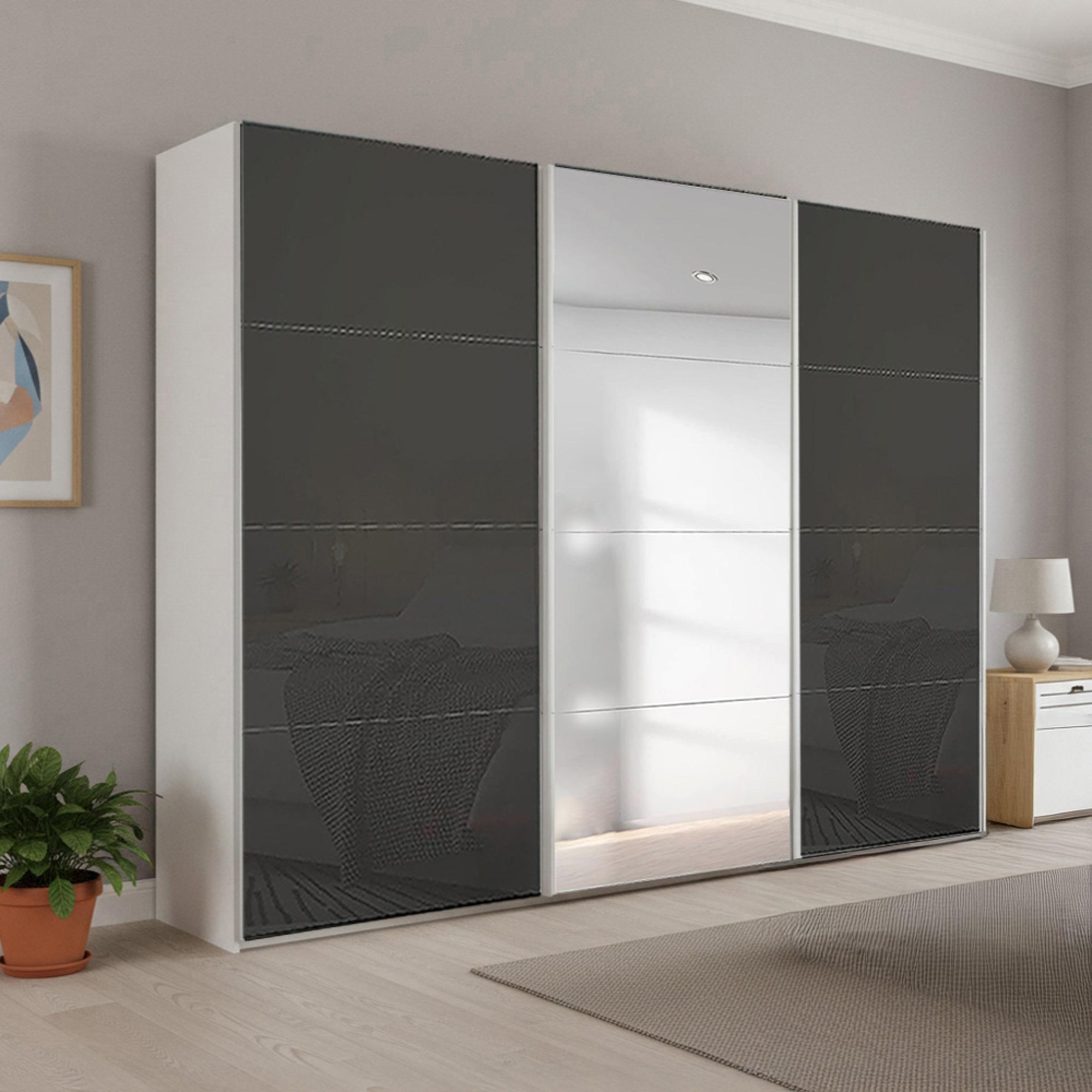 Rauch Beluga Extra 271cm 3 Door Sliding Wardrobe with Mirror - Alpine White and Basalt Glass