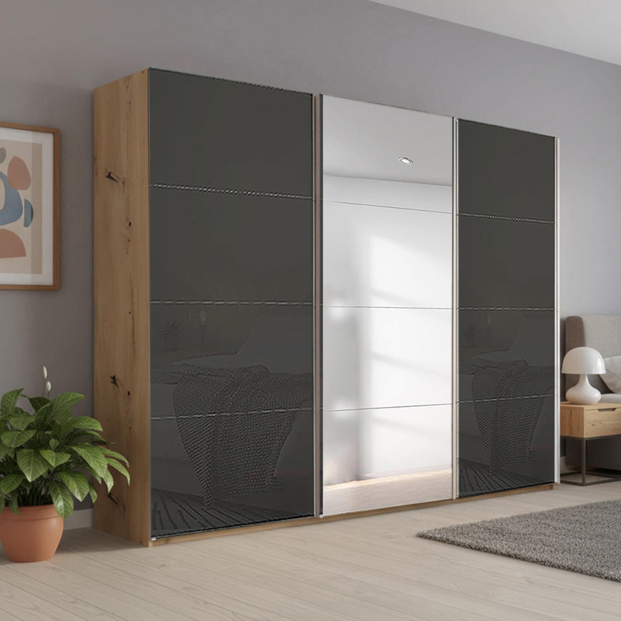 Rauch Beluga Extra 271cm 3 Door Sliding Wardrobe with Mirror - Artisan Oak and Basalt Glass