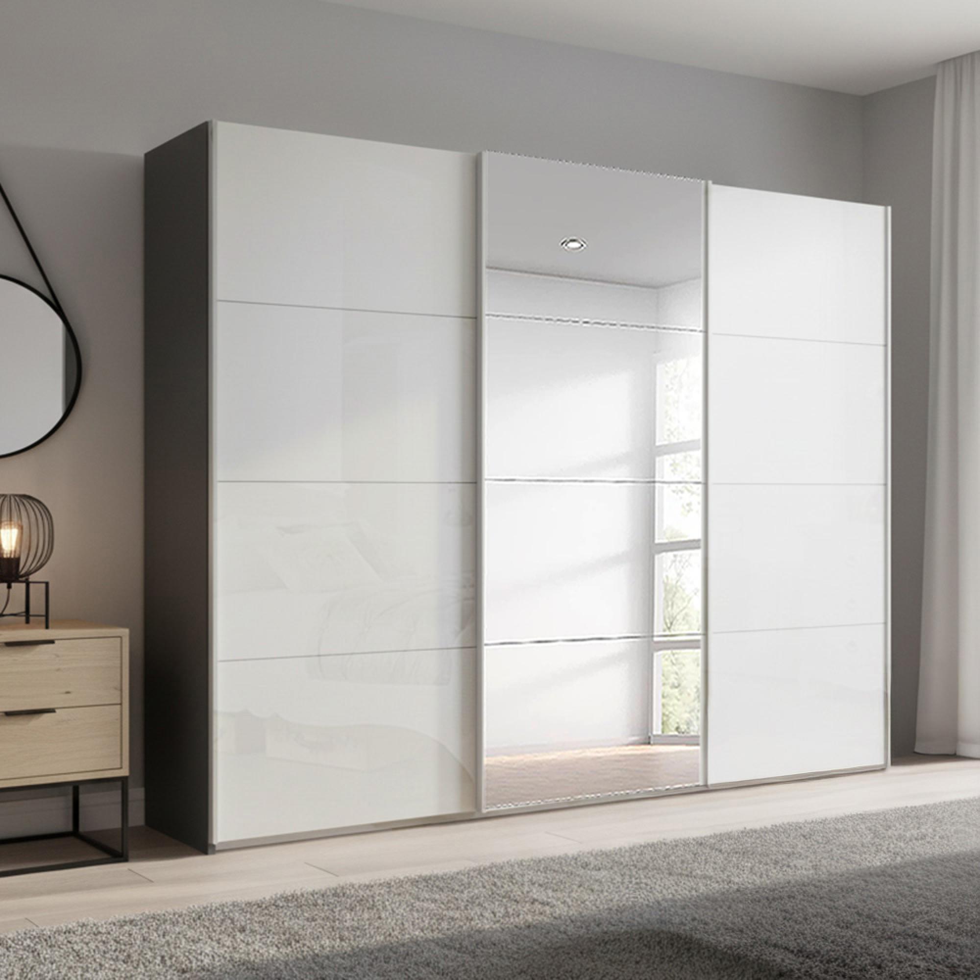 Rauch Beluga Extra 271cm 3 Door Sliding Wardrobe with Mirror - Graphite and White High Gloss