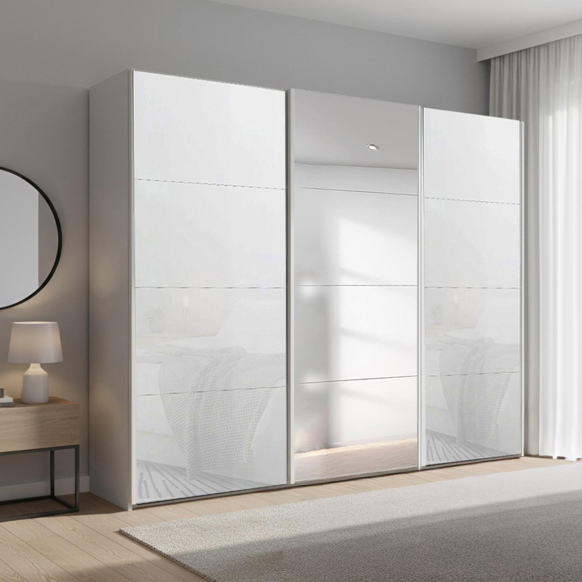 Rauch Beluga Extra 271cm 3 Door Sliding Wardrobe with Mirror - Silk Grey and White Glass