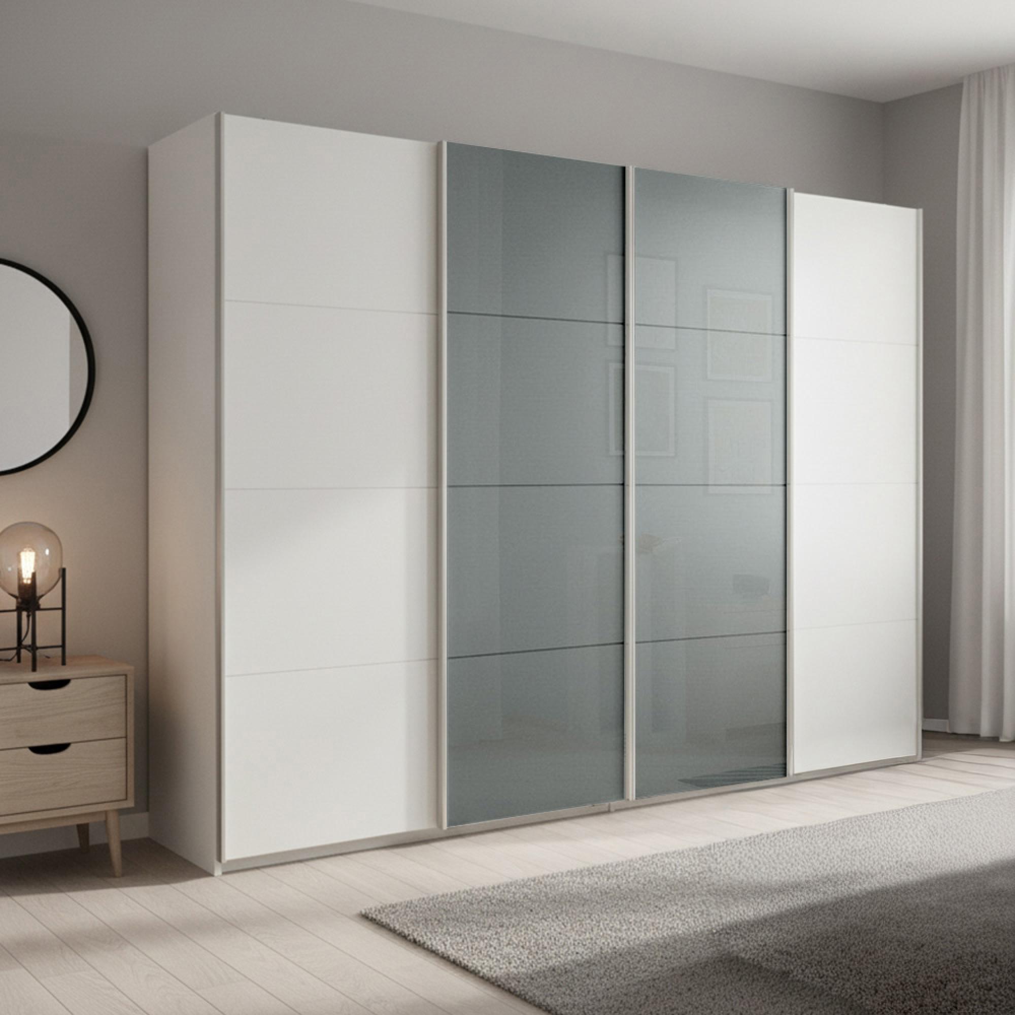 Rauch Beluga Extra 271cm 4 Door Sliding Wardrobe - Alpine White and Silk Grey Glass Front