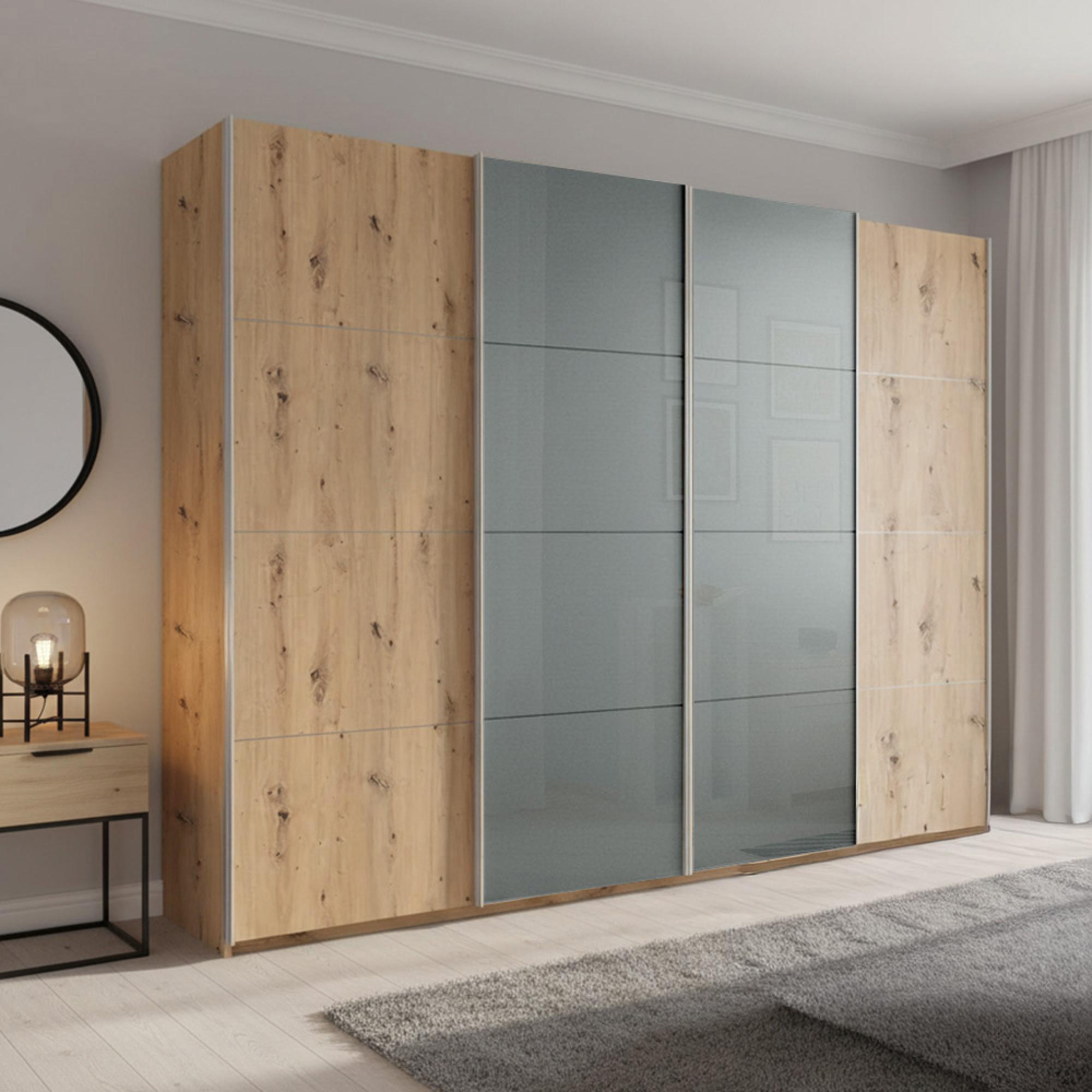Rauch Beluga Extra 271cm 4 Door Sliding Wardrobe - Artisan Oak and Silk Grey Glass Front