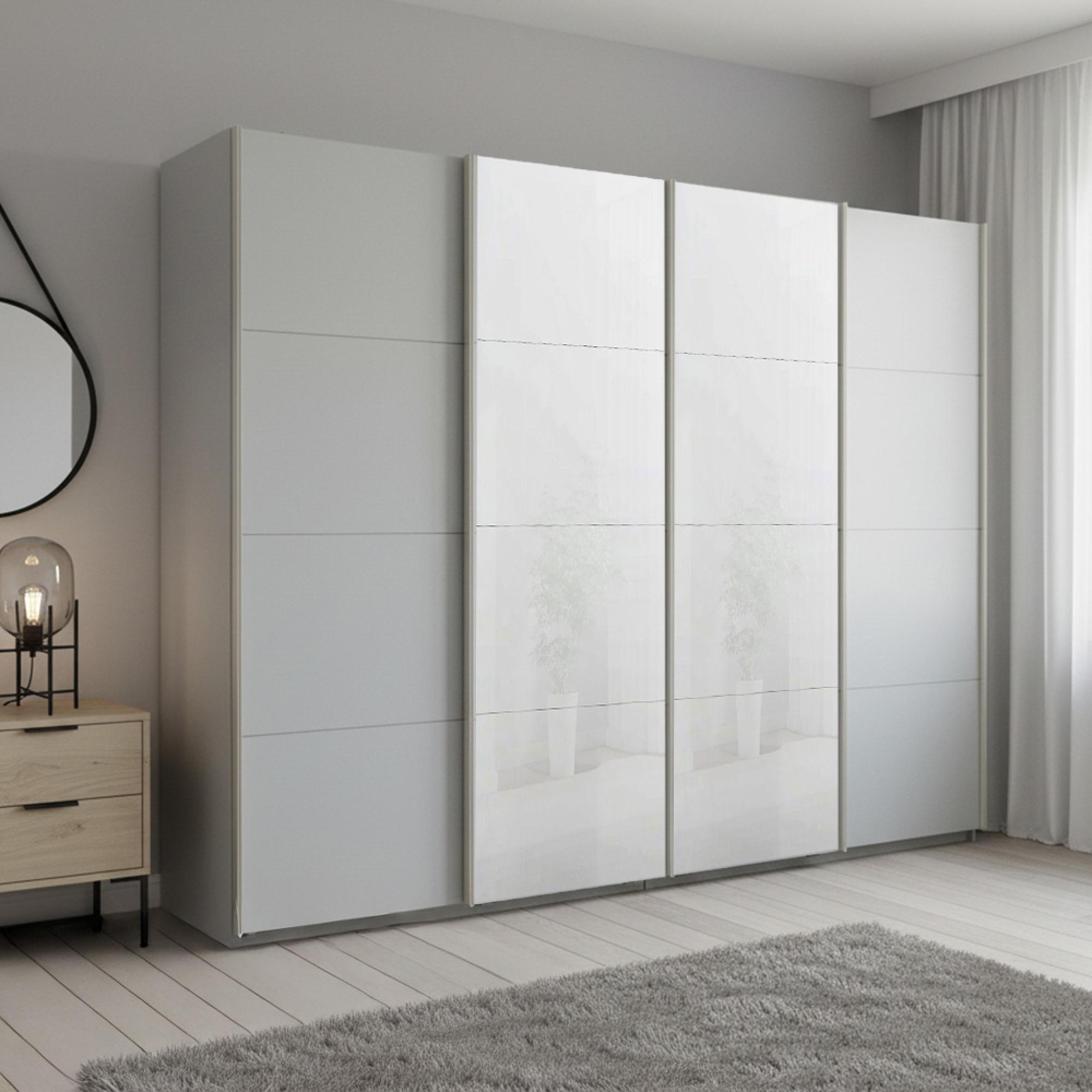 Rauch Beluga Extra 271cm 4 Door Sliding Wardrobe - White High Gloss and Silk Grey Front