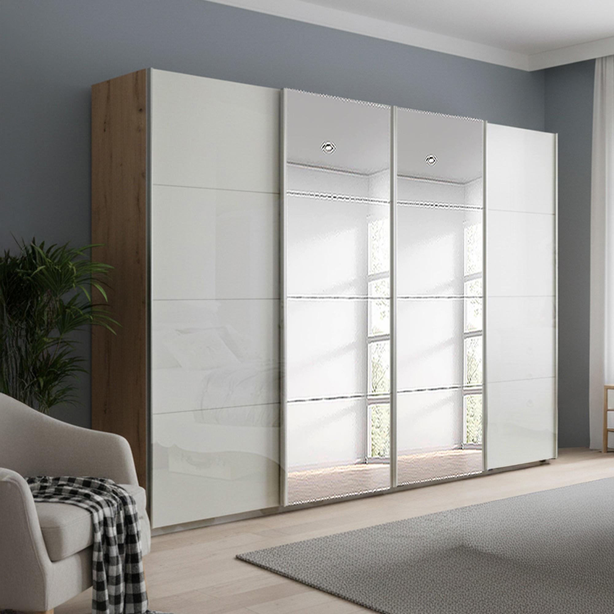 Rauch Beluga Extra 271cm 4 Door Sliding Wardrobe with Mirror - Artisan Oak and White High Gloss