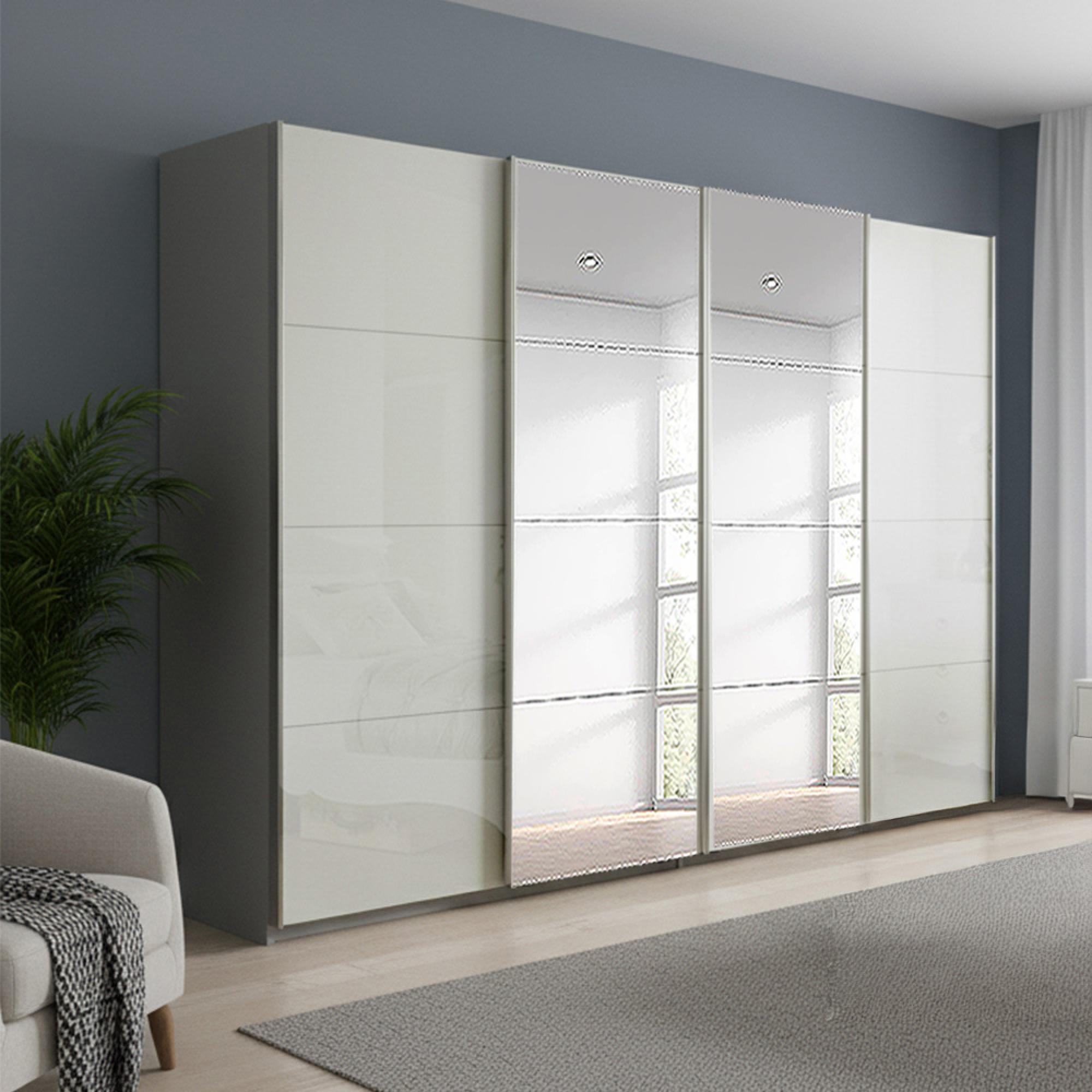 Rauch Beluga Extra 271cm 4 Door Sliding Wardrobe with Mirror - Silk Grey and White High Gloss