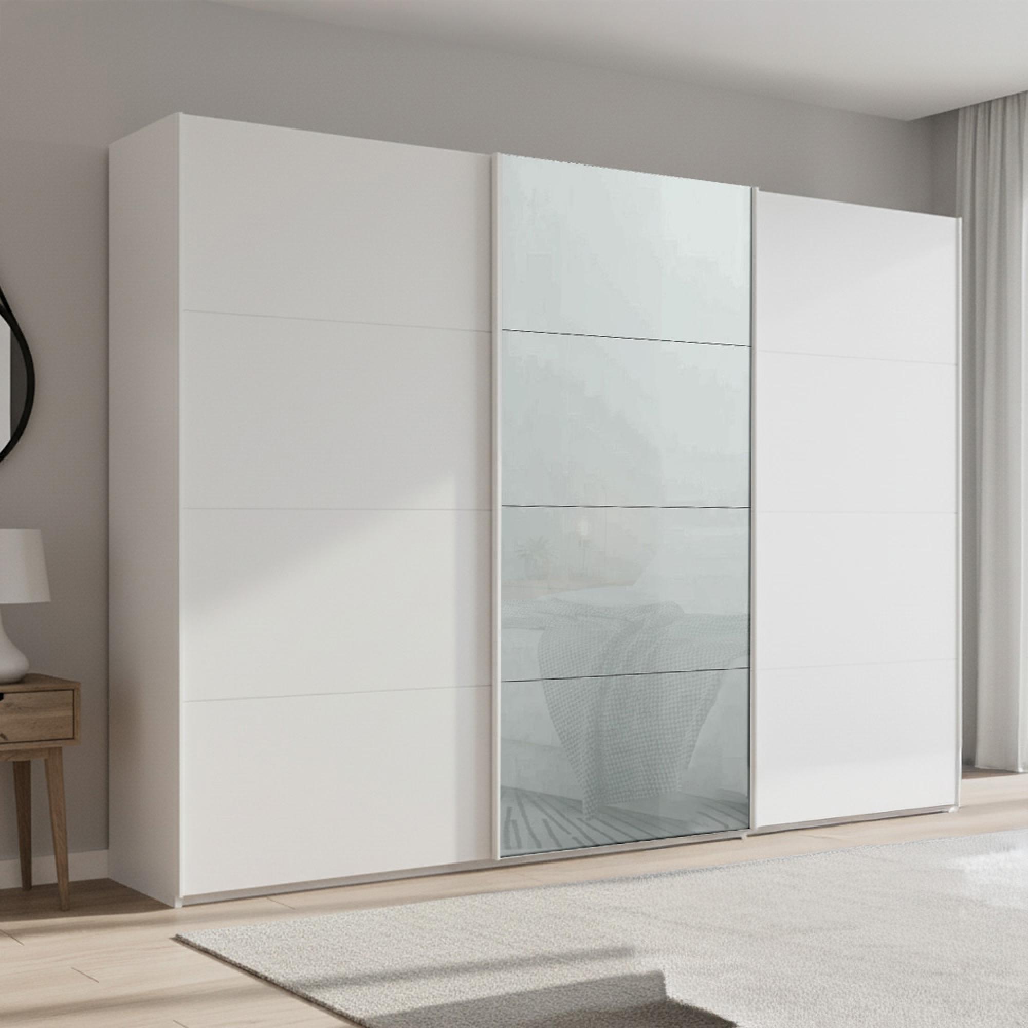 Rauch Beluga Extra 316cm 3 Door Sliding Wardrobe - Alpine White and Silk Grey Glass Front