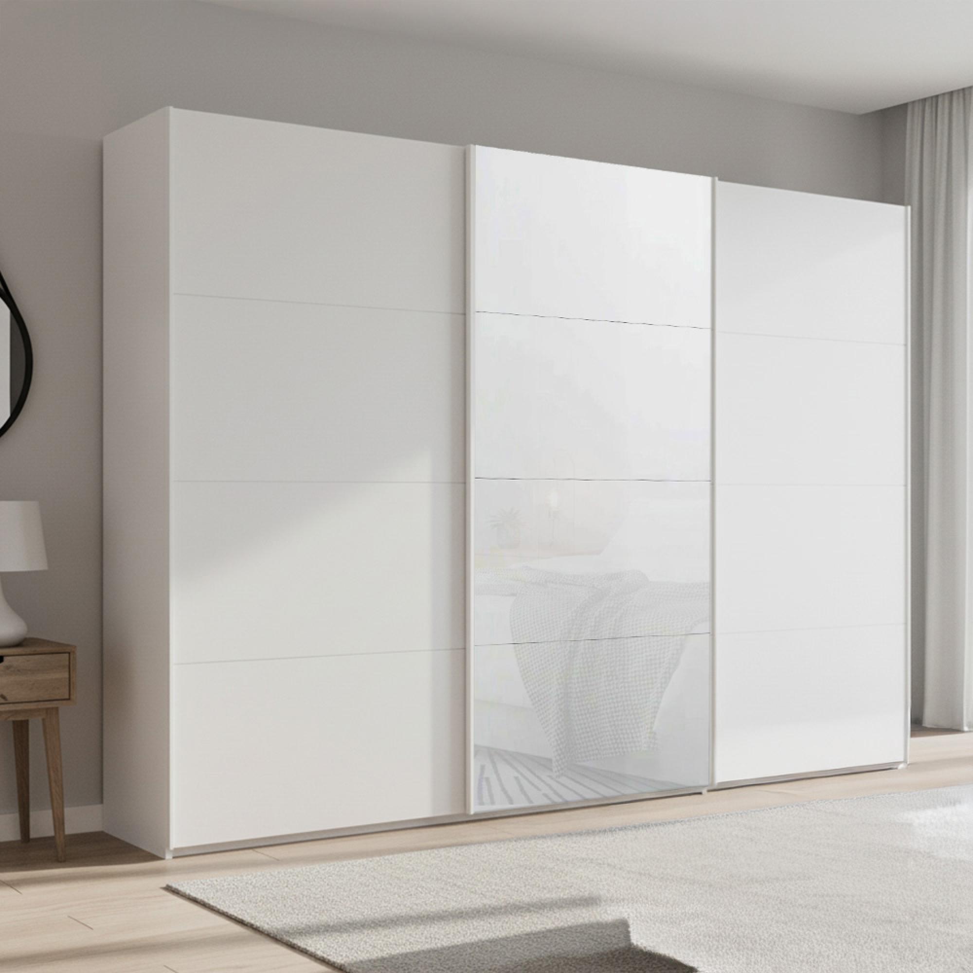 Rauch Beluga Extra 316cm 3 Door Sliding Wardrobe - Alpine White and White Glass Front
