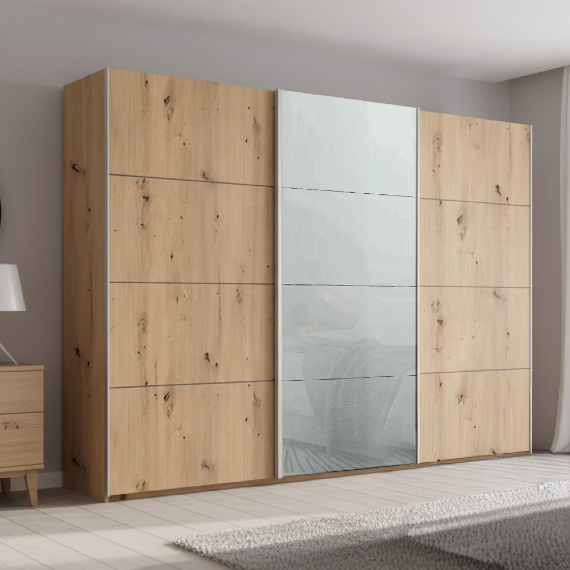 Rauch Beluga Extra 316cm 3 Door Sliding Wardrobe - Artisan Oak and Silk Grey Glass Front
