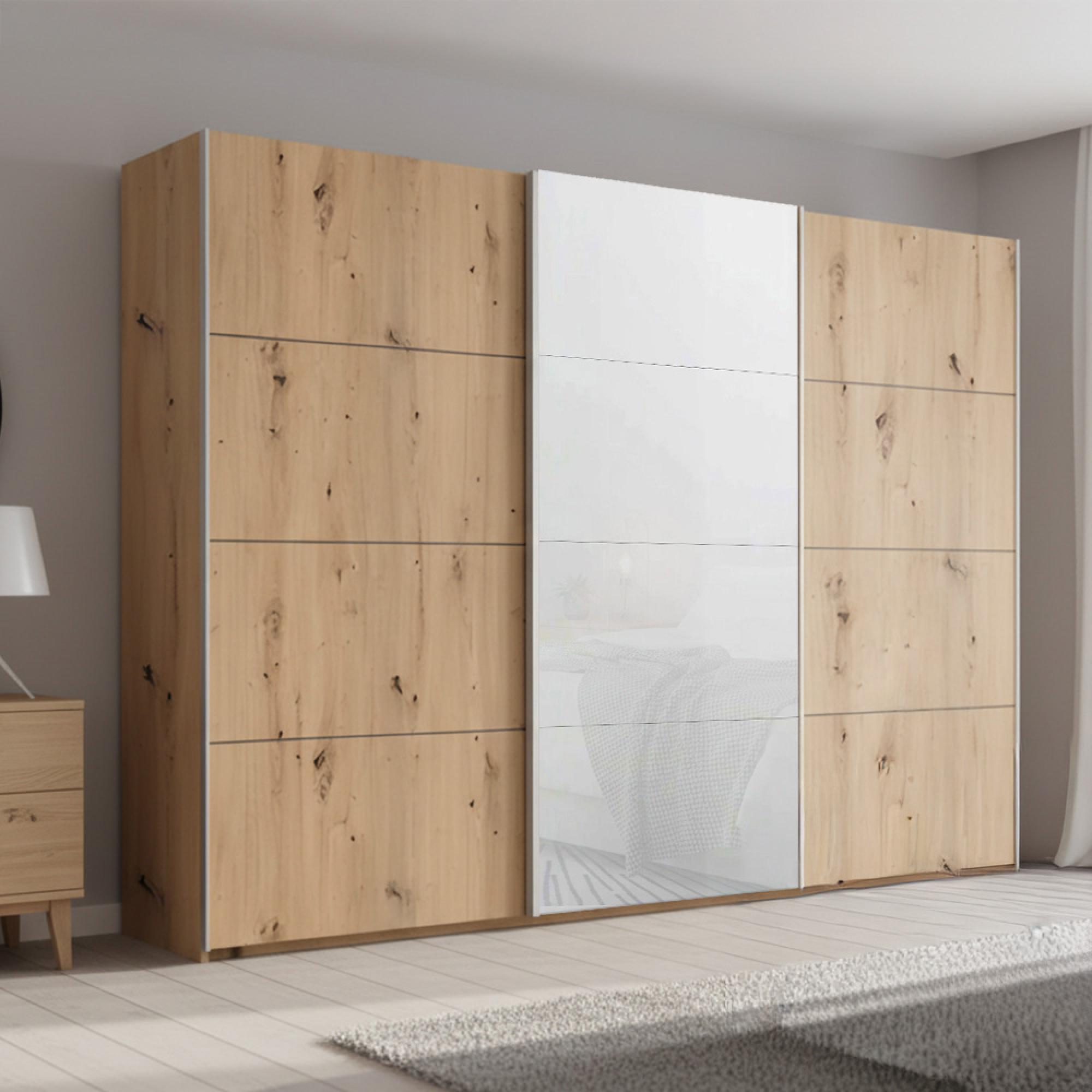 Rauch Beluga Extra 316cm 3 Door Sliding Wardrobe - Artisan Oak and White Glass Front