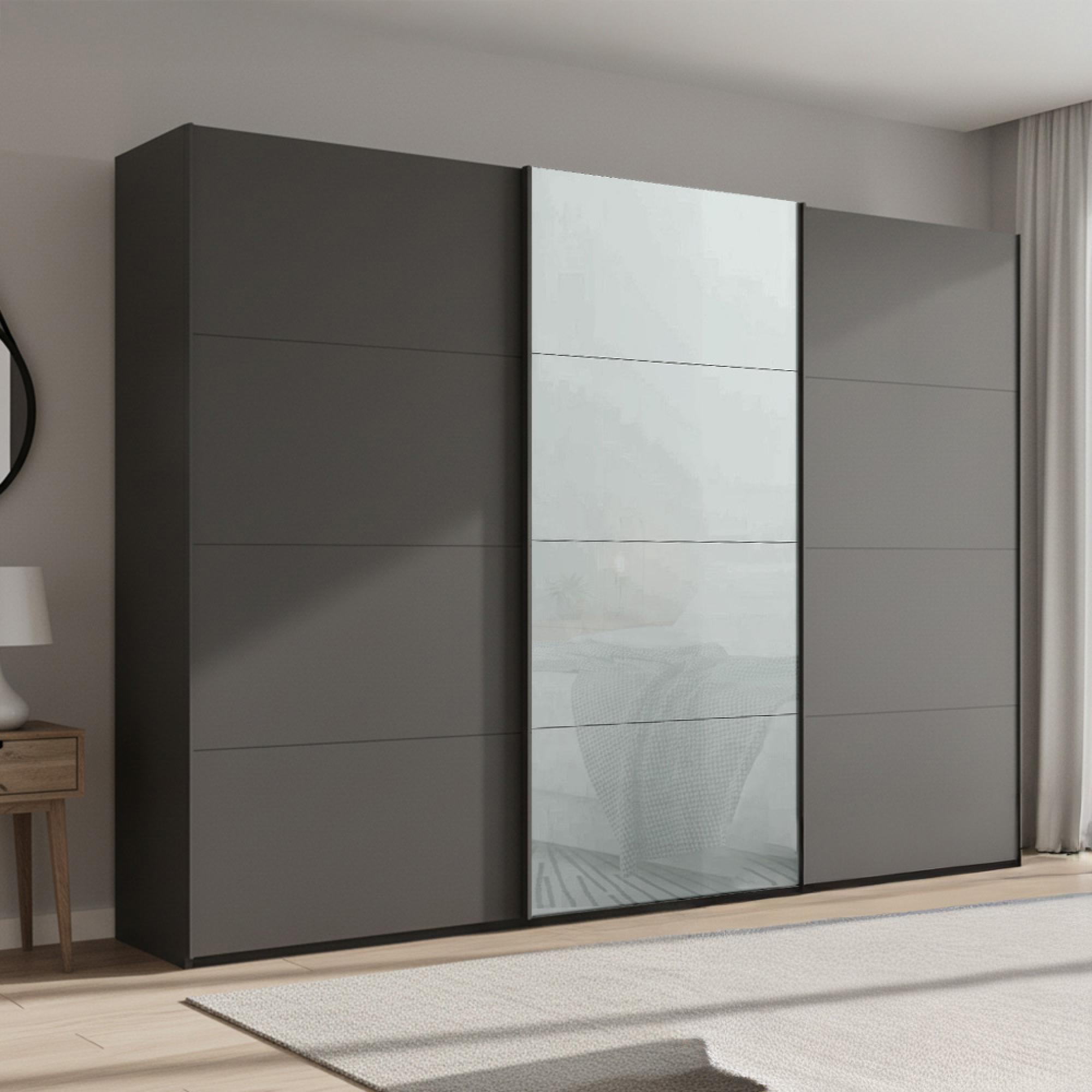 Rauch Beluga Extra 316cm 3 Door Sliding Wardrobe - Graphite and Silk Grey Glass Front
