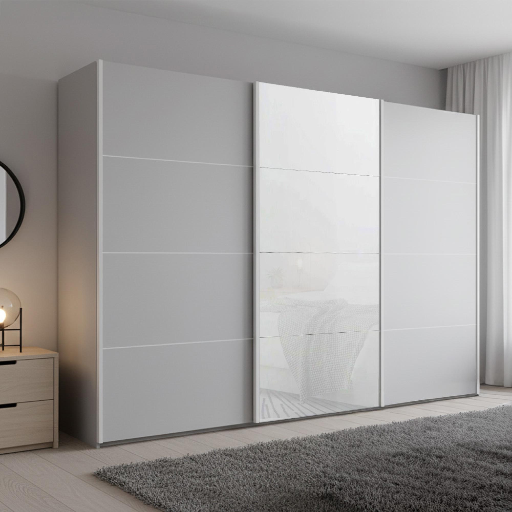 Rauch Beluga Extra 316cm 3 Door Sliding Wardrobe - Silk Grey and White Glass Front