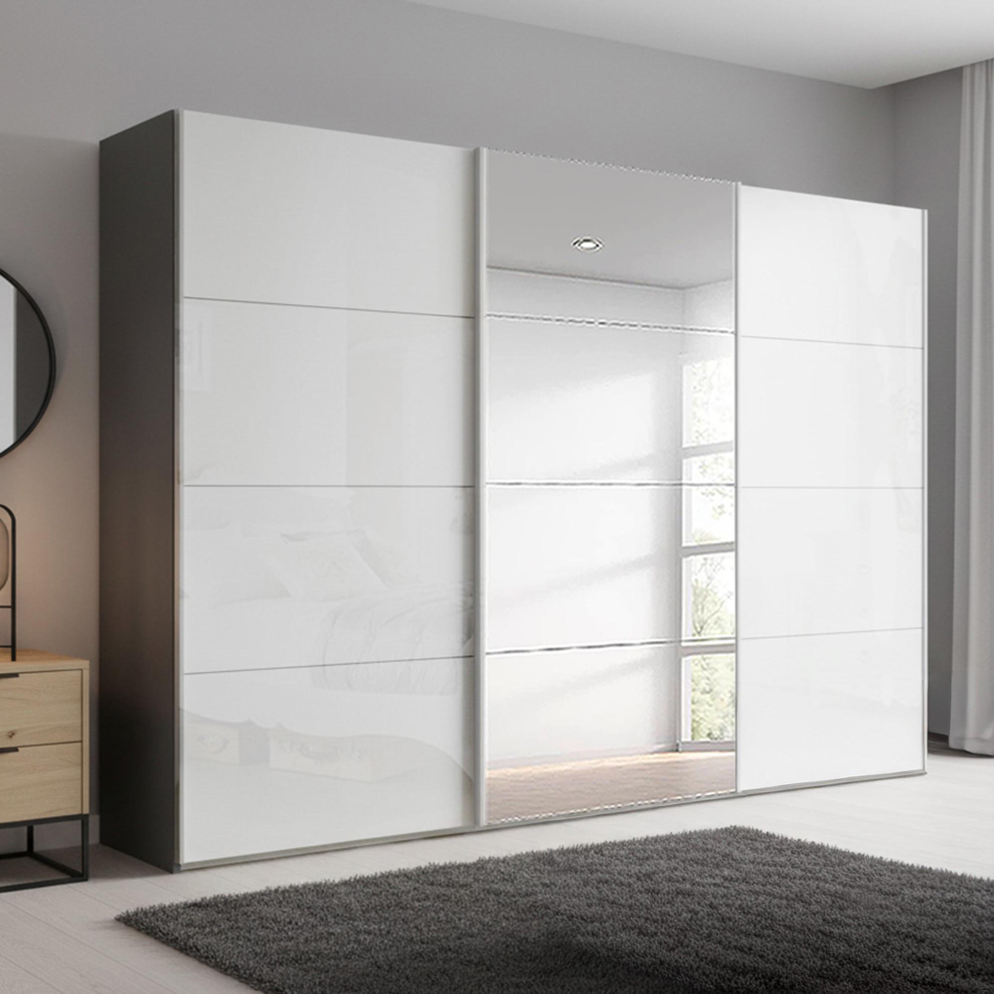 Rauch Beluga Extra 316cm 3 Door Sliding Wardrobe with Mirror - Graphite and White High Gloss