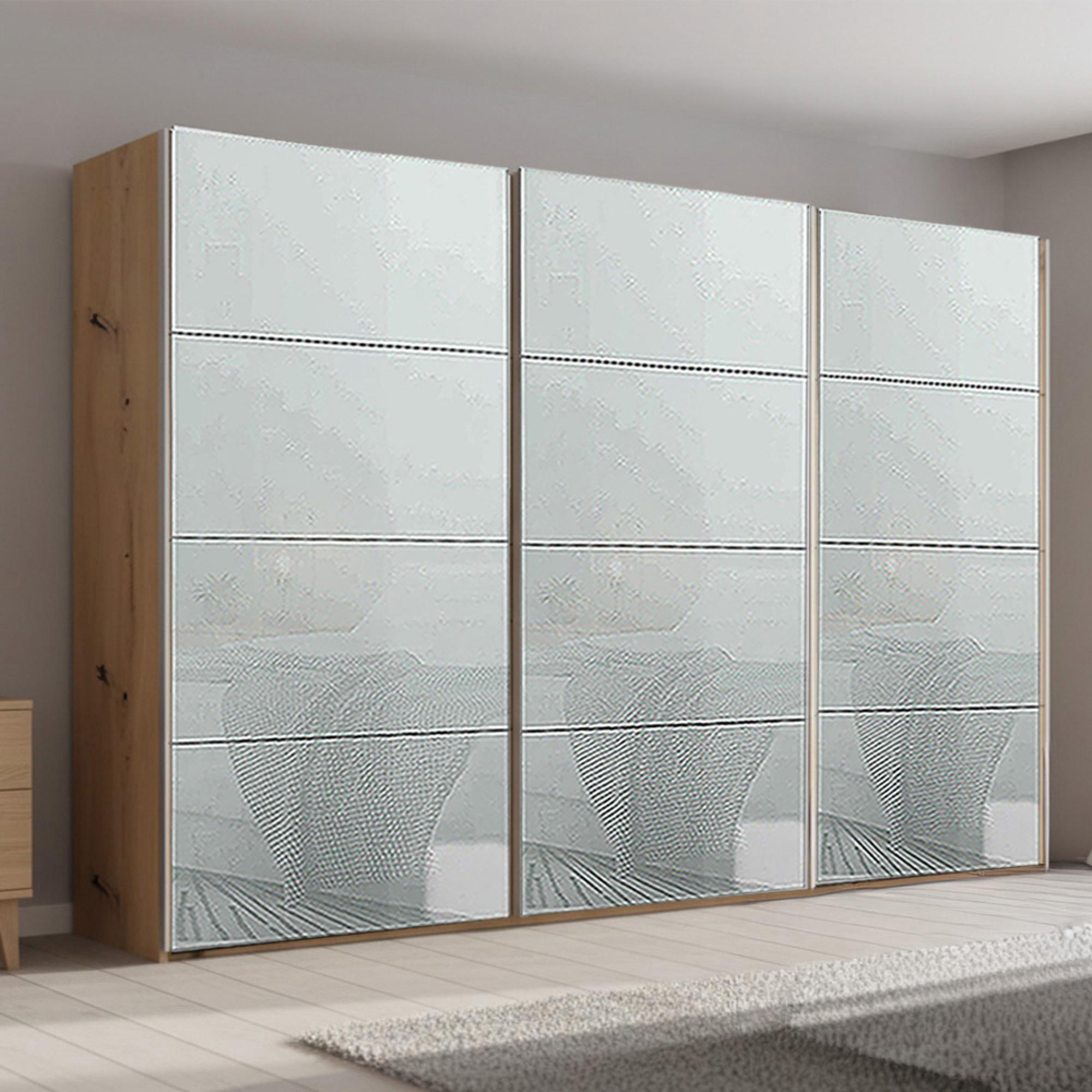 Rauch Beluga Extra 361cm 3 Door Sliding Wardrobe - Artisan Oak and Silk Grey Glass