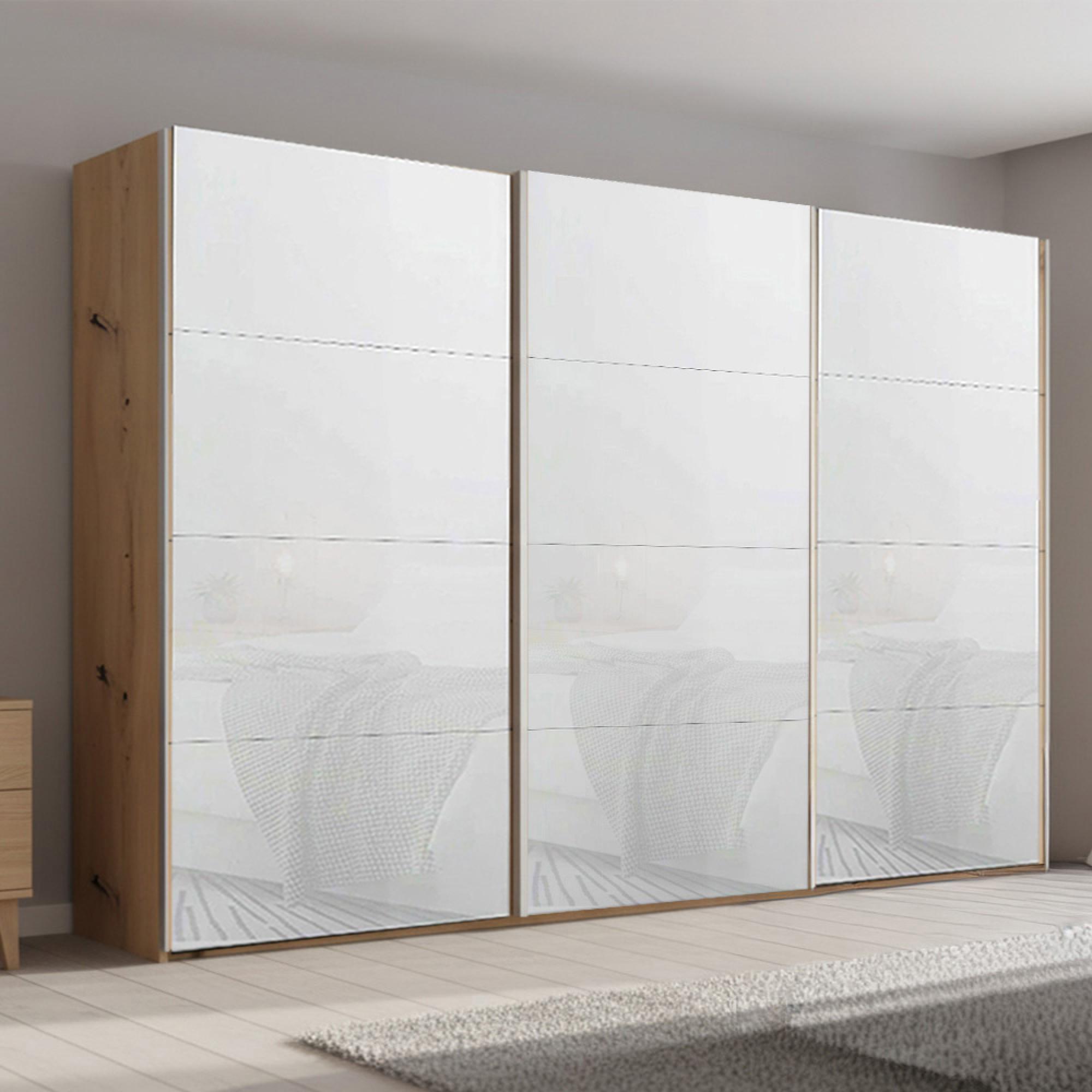 Rauch Beluga Extra 361cm 3 Door Sliding Wardrobe - Artisan Oak and White Glass