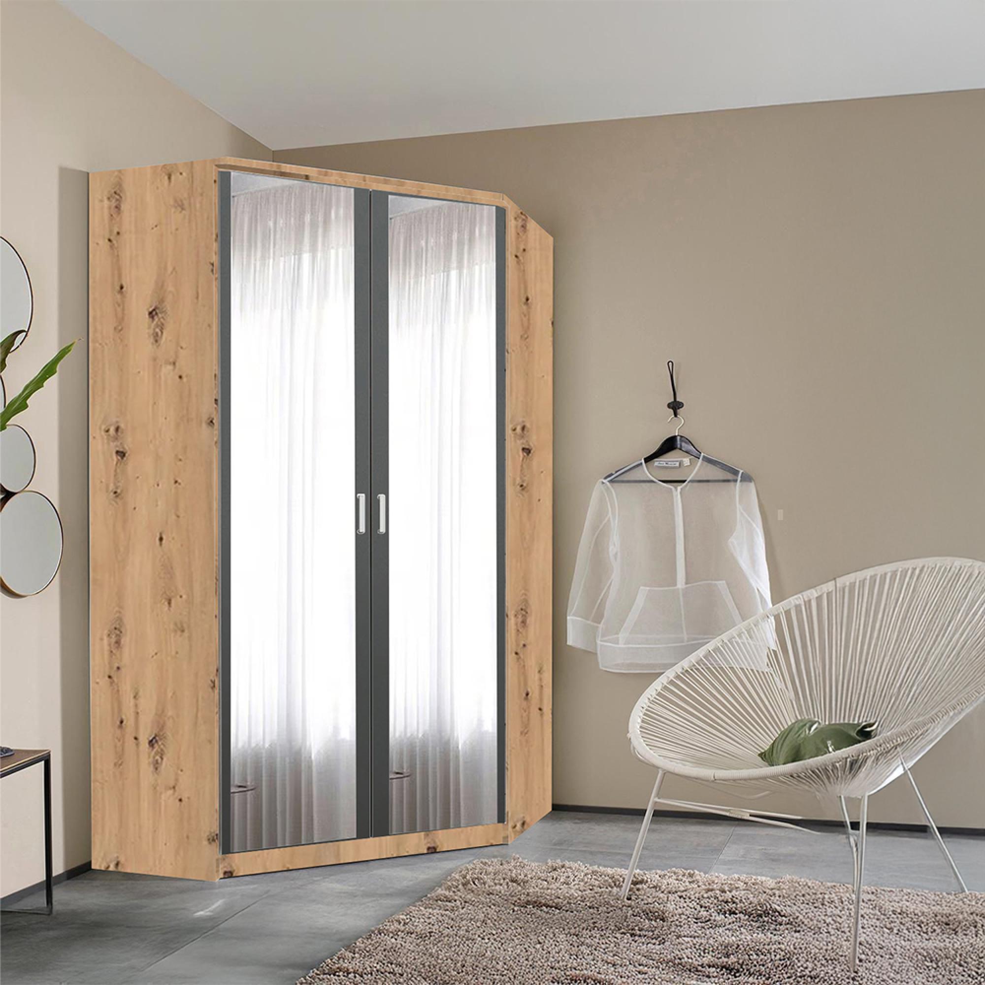 Rauch Celle Matt 117cm 2 Door Corner Wardrobe with Mirror - Artisan Oak and Metallic Dark Grey