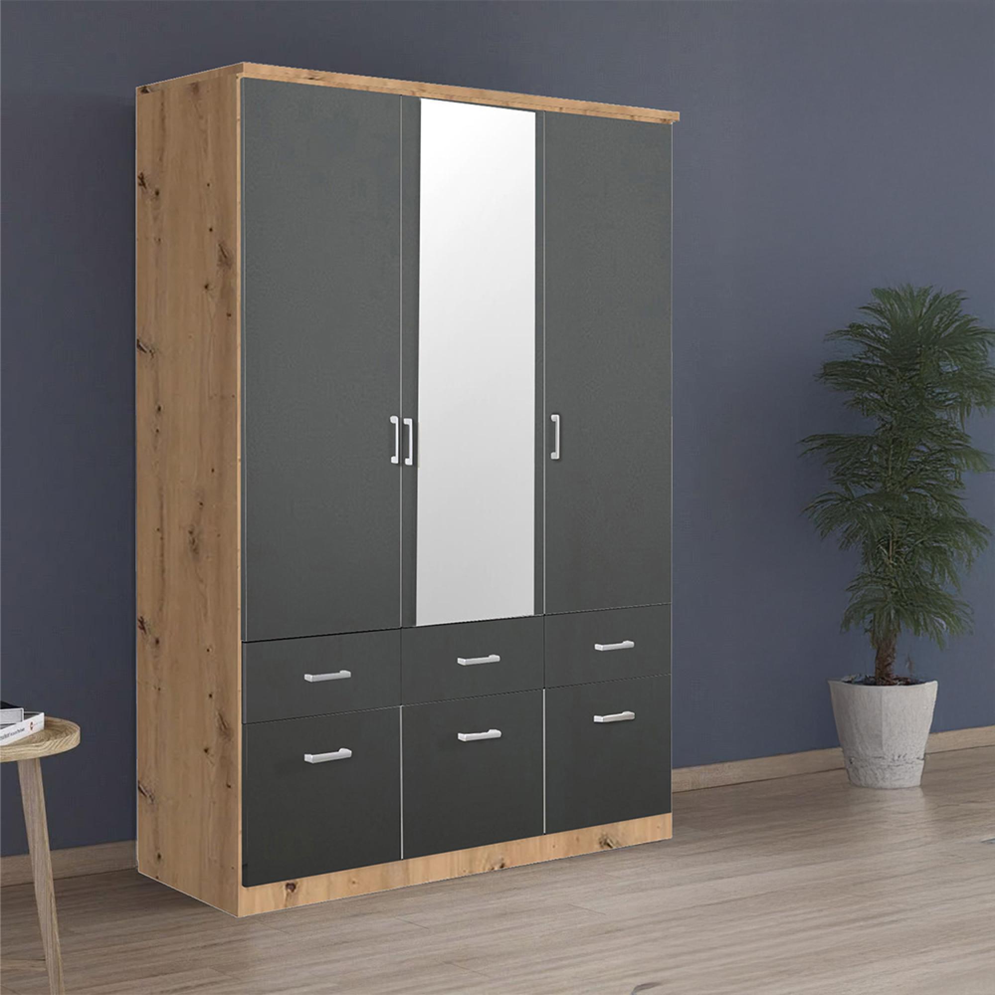 Rauch Celle Matt 136cm 3 Door Combi Wardrobe - Artisan Oak and Metallic Dark Grey