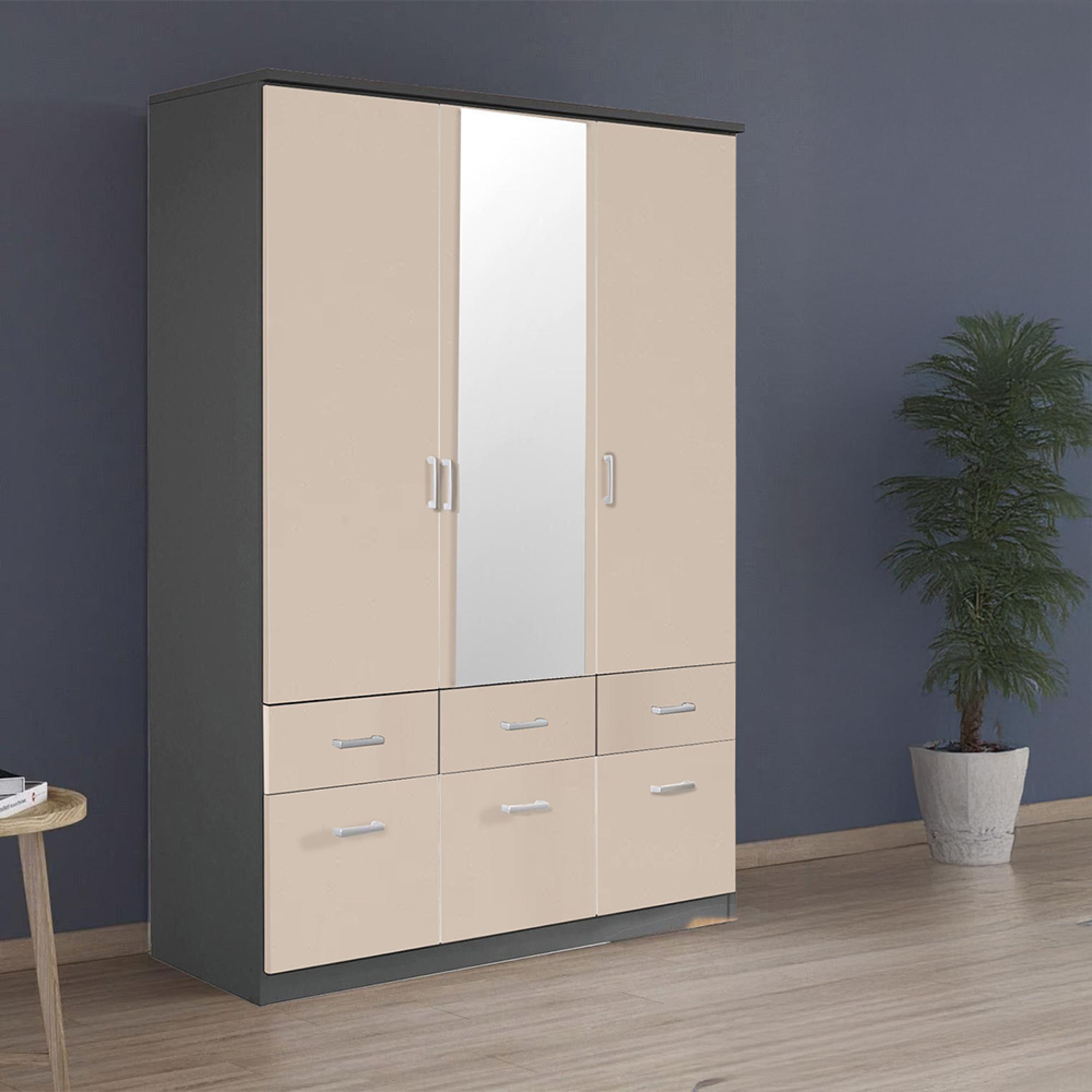 Rauch Celle Matt 136cm 3 Door Combi Wardrobe - Metallic Dark Grey and Champagne