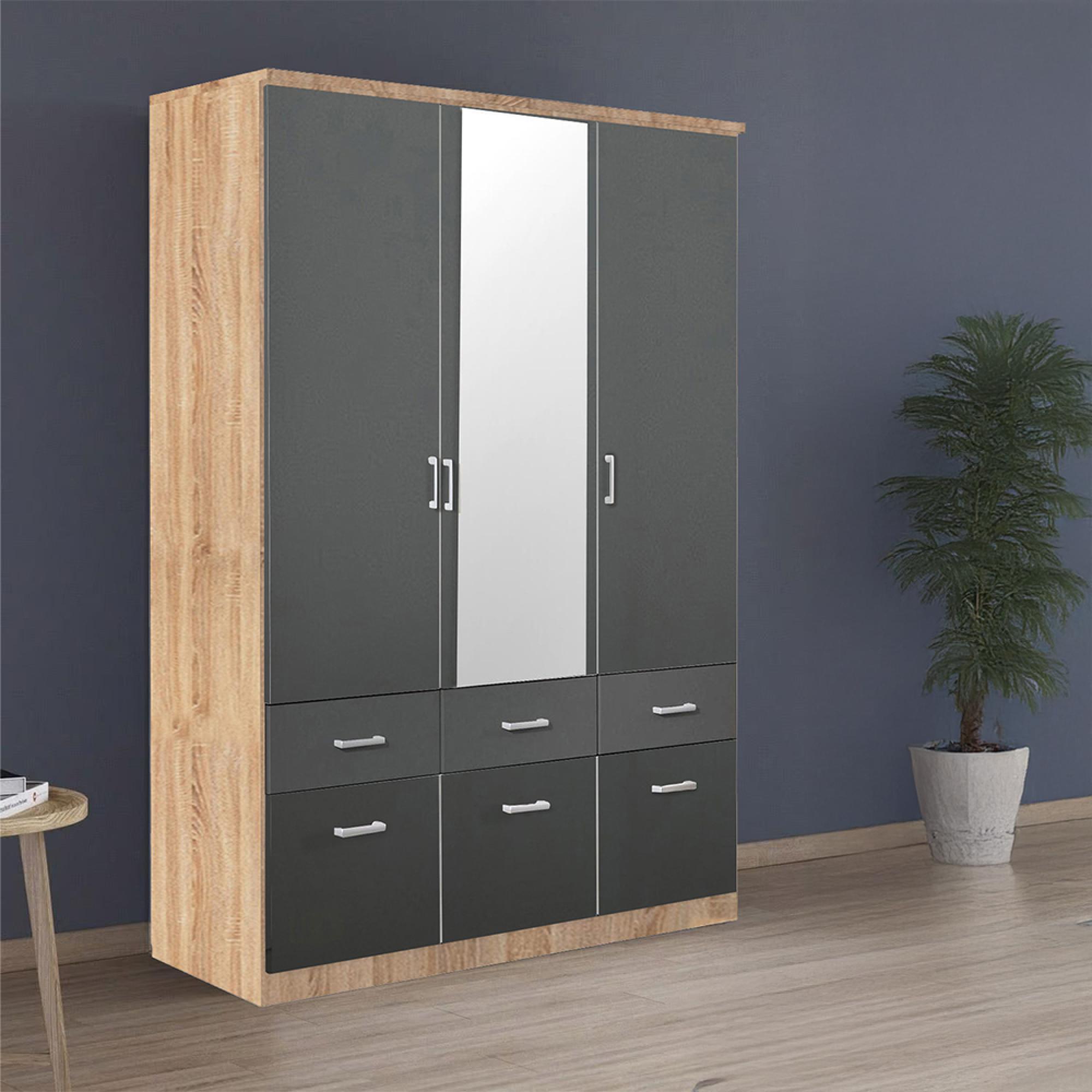 Rauch Celle Matt 136cm 3 Door Combi Wardrobe - Sonoma Oak and Metallic Dark Grey