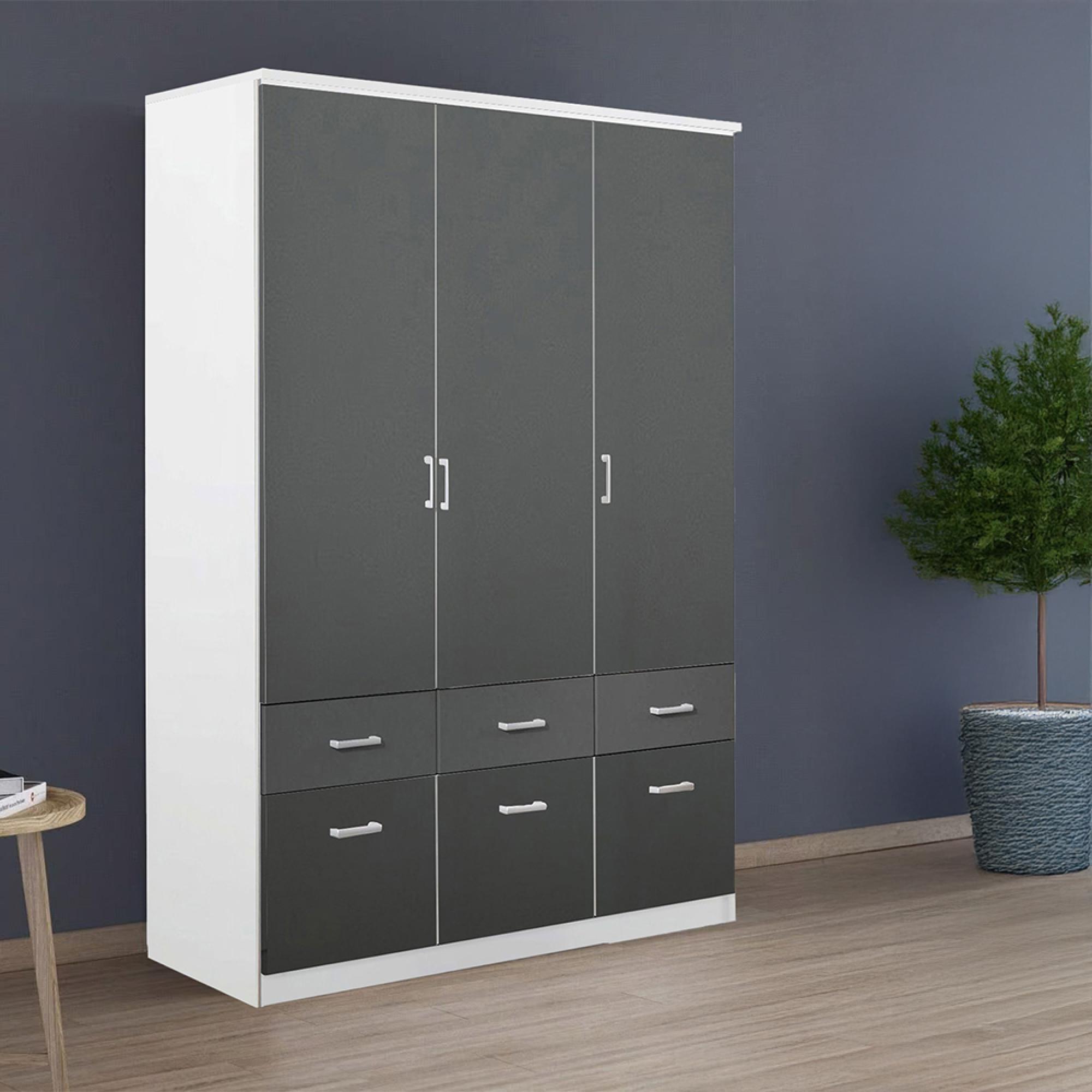 Rauch Celle Matt 136cm 3 Door Wardrobe with Drawer - Alpine White and Metallic Dark Grey