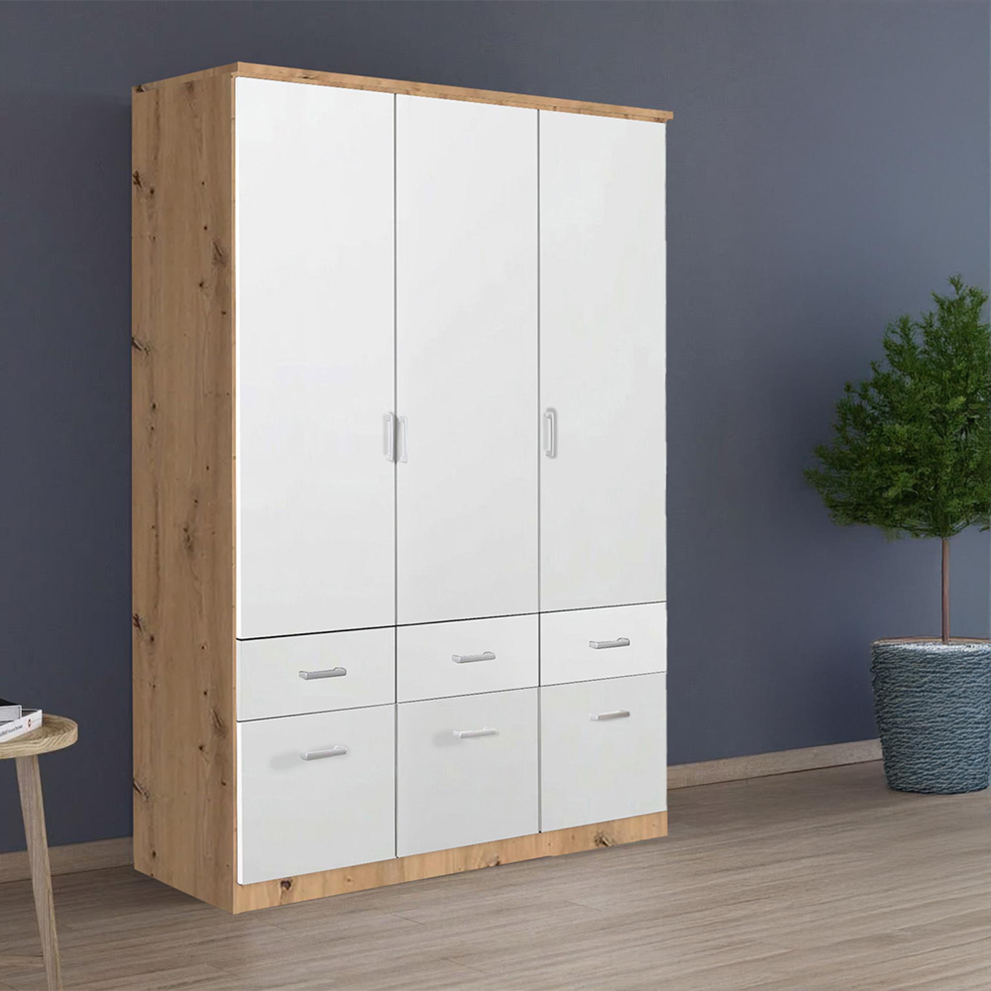Rauch Celle Matt 136cm 3 Door Wardrobe with Drawer - Artisan Oak and Alpine White
