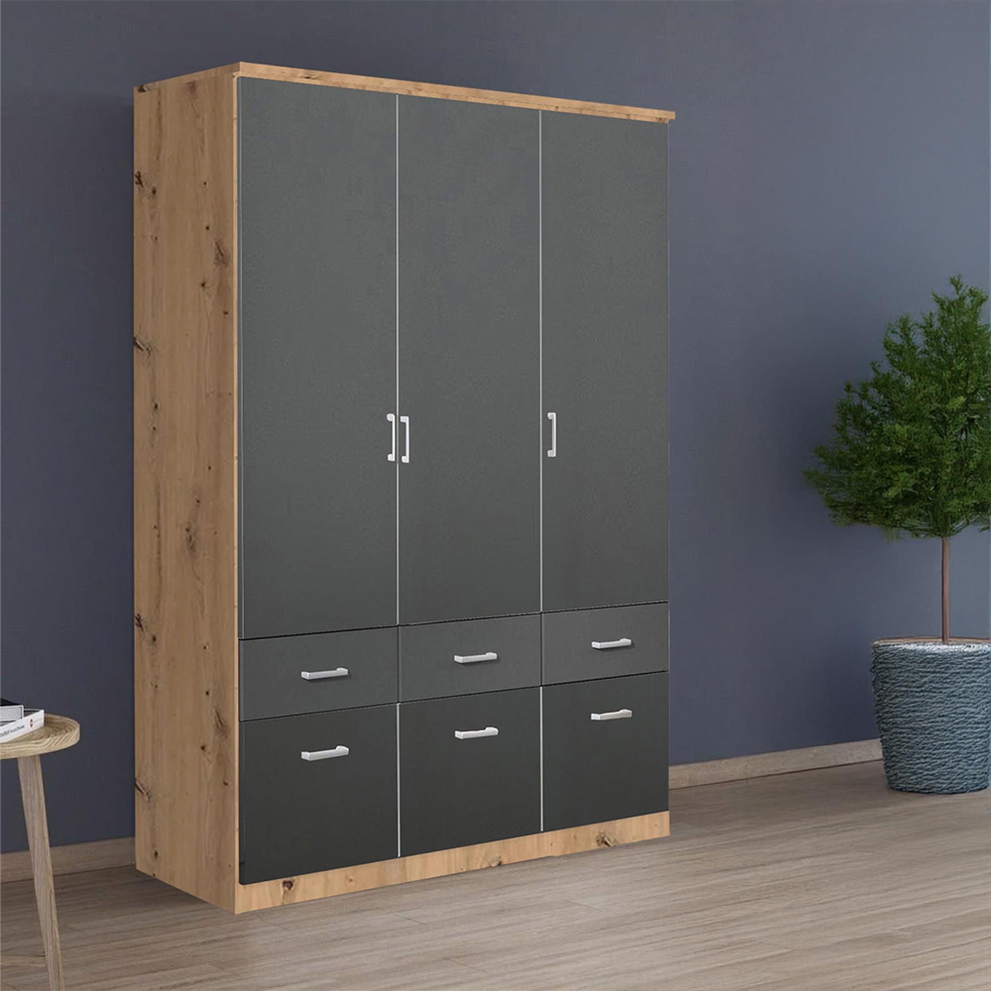 Rauch Celle Matt 136cm 3 Door Wardrobe with Drawer - Artisan Oak and Metallic Dark Grey