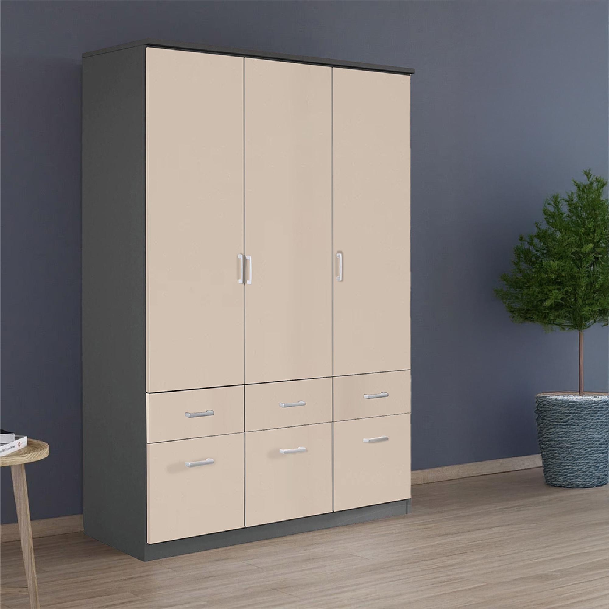 Rauch Celle Matt 136cm 3 Door Wardrobe with Drawer - Metallic Dark Grey and Champagne