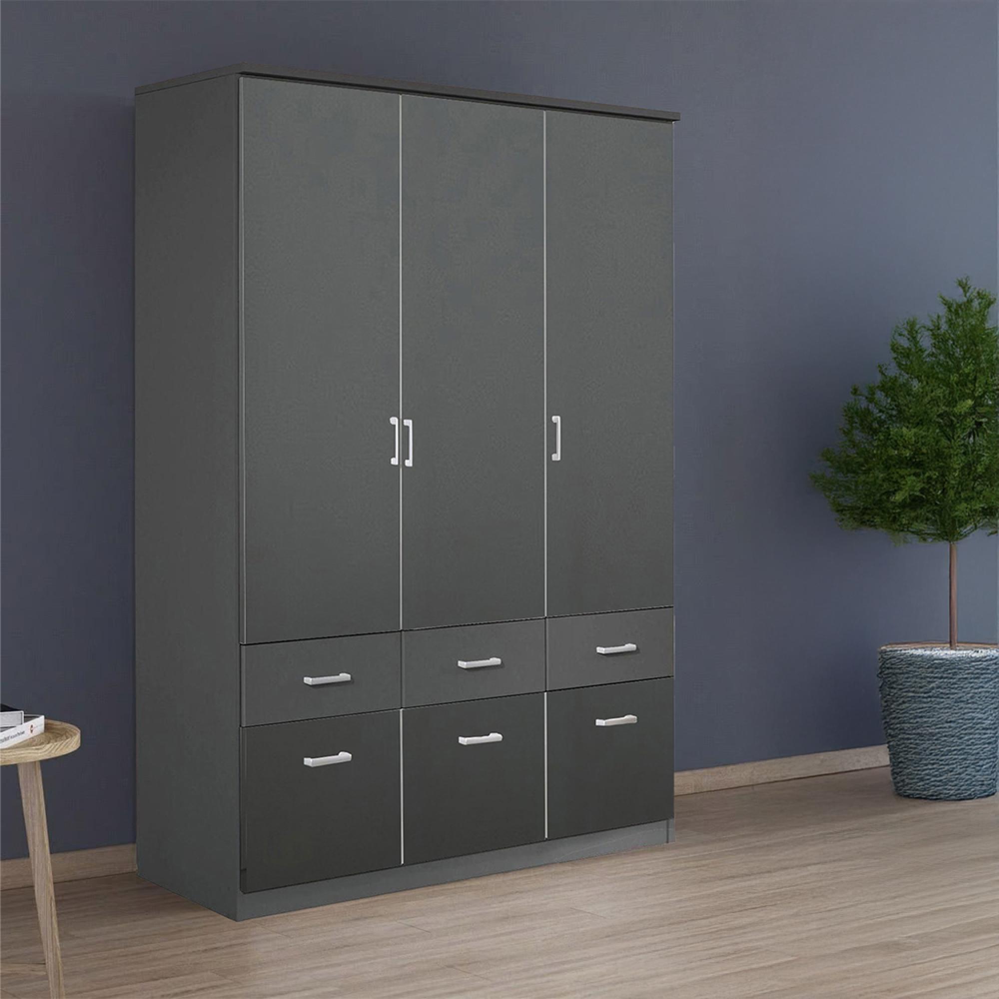 Rauch Celle Matt 136cm 3 Door Wardrobe with Drawer - Metallic Dark Grey