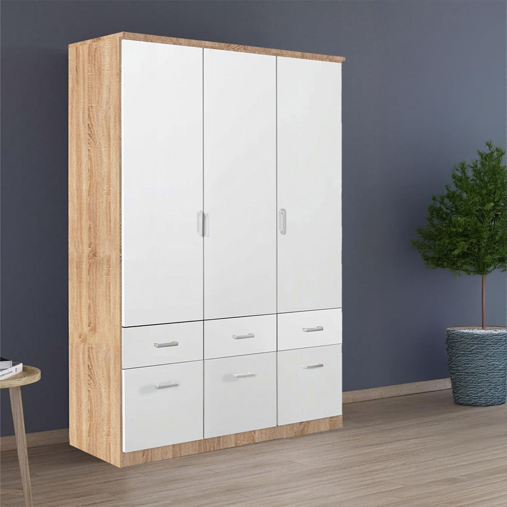 Rauch Celle Matt 136cm 3 Door Wardrobe with Drawer - Sonoma Oak and Alpine White
