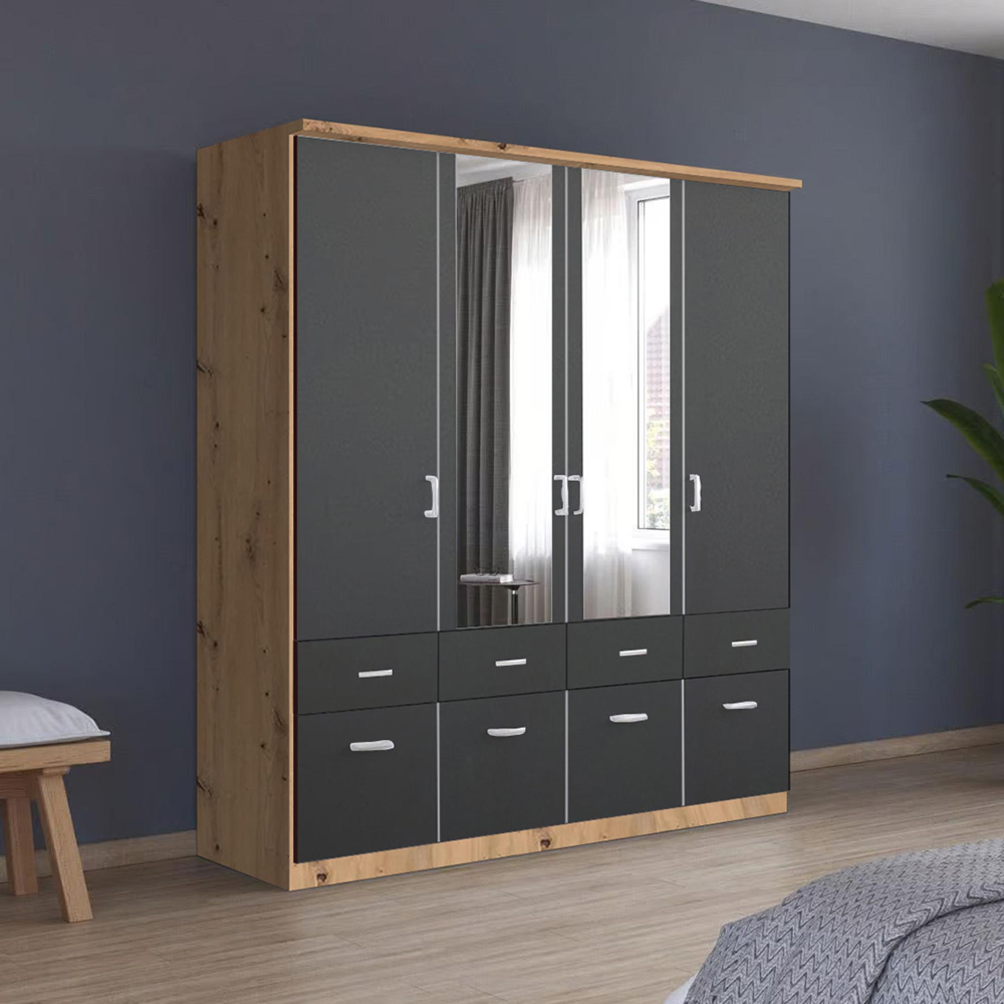Rauch Celle Matt 181cm 4 Door Combi Wardrobe - Artisan Oak and Metallic Dark Grey